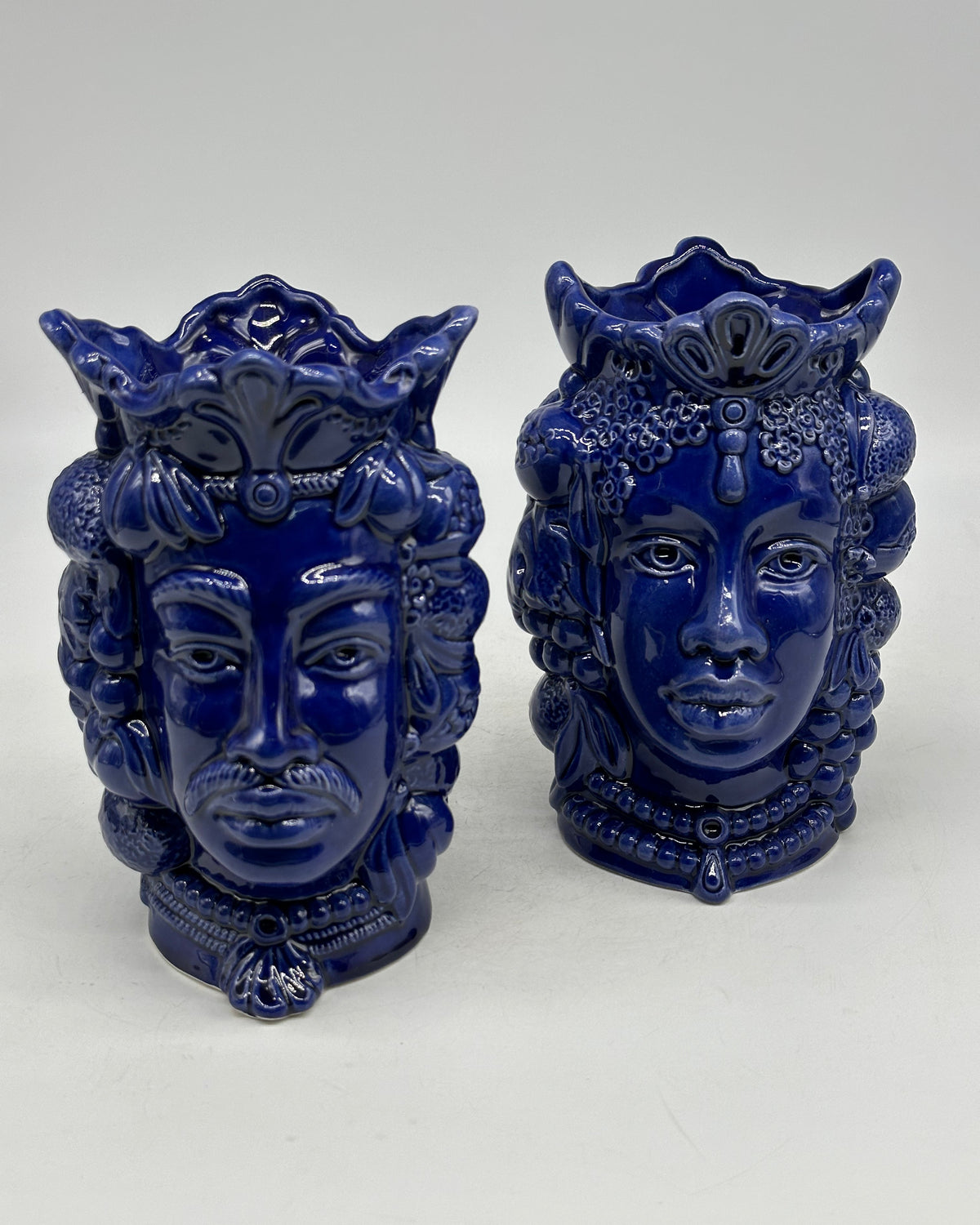 FINE SERIE - Coppia Teste di Moro Afro Frutta Ceramica Caltagirone cm H.18 L.12 Artigianale Blu - TESTE DI MORO