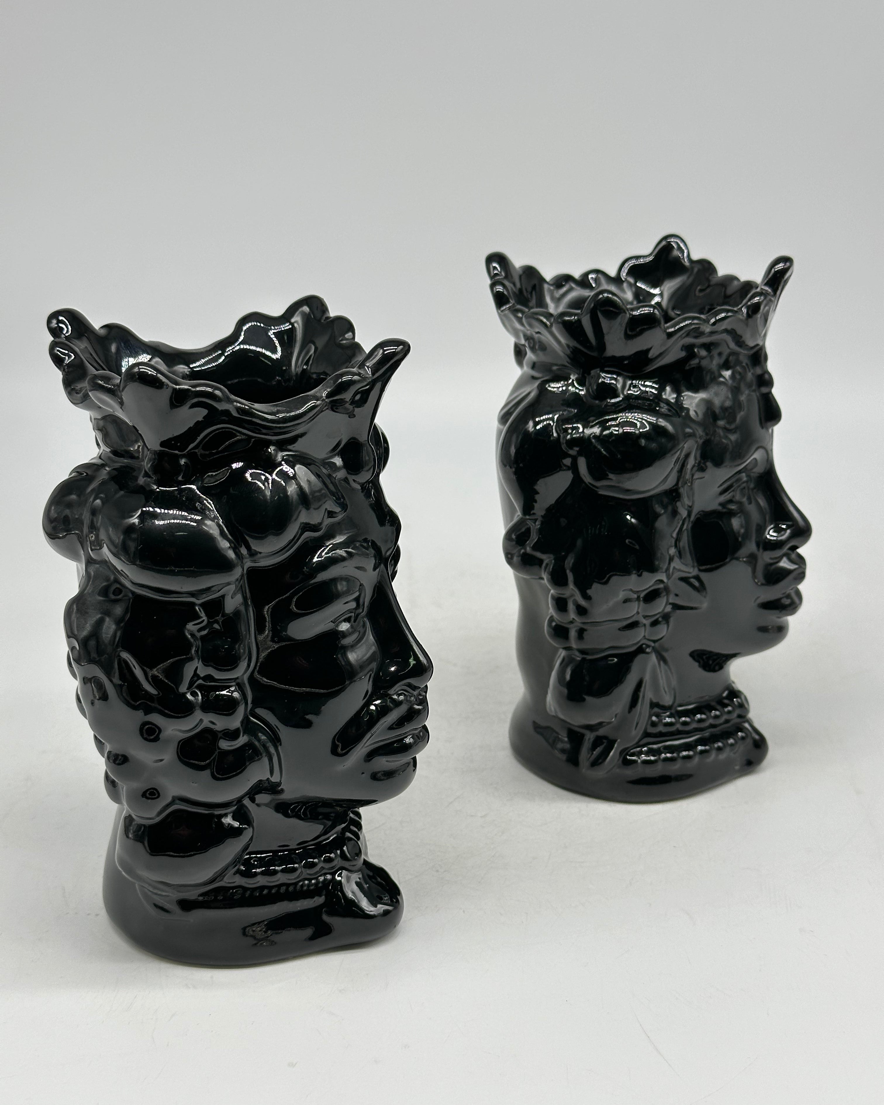 FINE SERIE - Coppia Teste di Moro Afro Frutta Ceramica Caltagirone cm H.18 L.12 Artigianale Nero - TESTE DI MORO