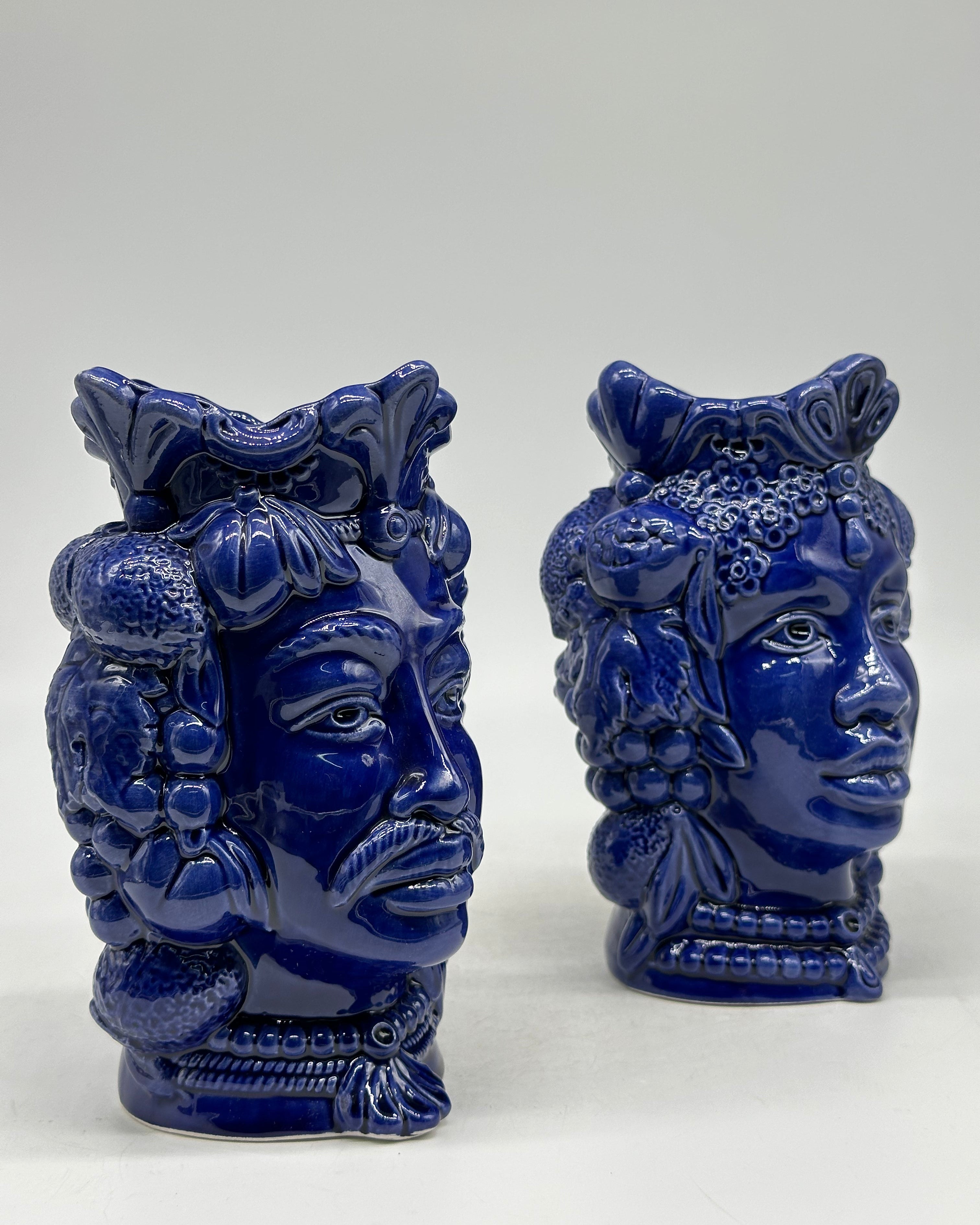 FINE SERIE - Coppia Teste di Moro Afro Frutta Ceramica Caltagirone cm H.18 L.12 Artigianale Blu - TESTE DI MORO