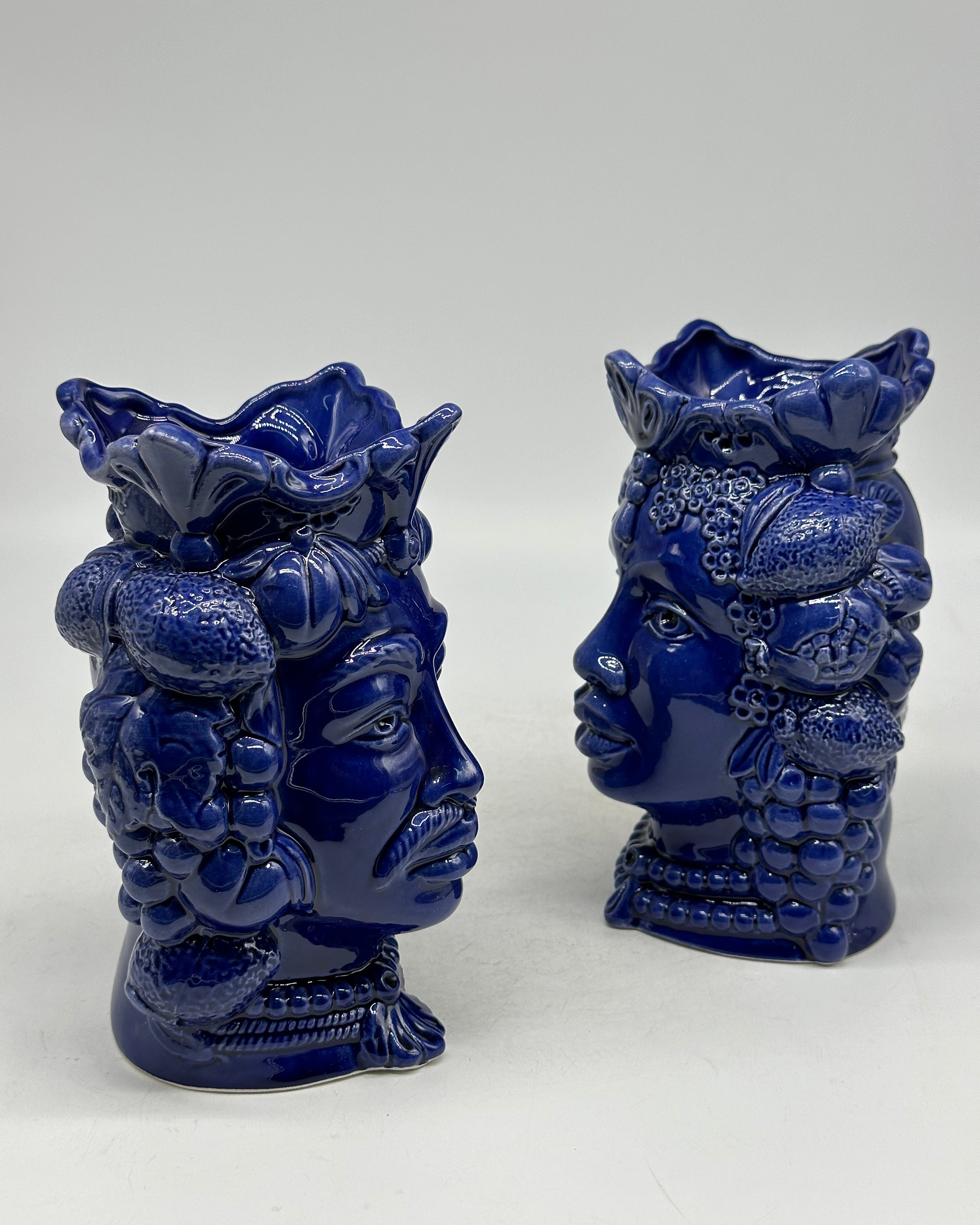 FINE SERIE - Coppia Teste di Moro Afro Frutta Ceramica Caltagirone cm H.18 L.12 Artigianale Blu - TESTE DI MORO