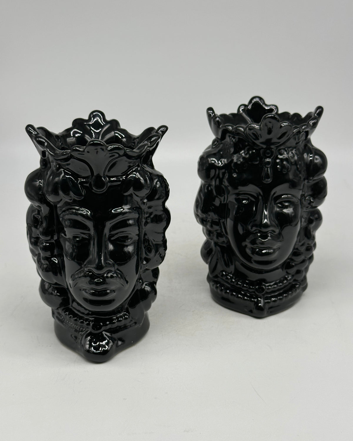 FINE SERIE - Coppia Teste di Moro Afro Frutta Ceramica Caltagirone cm H.18 L.12 Artigianale Nero - TESTE DI MORO