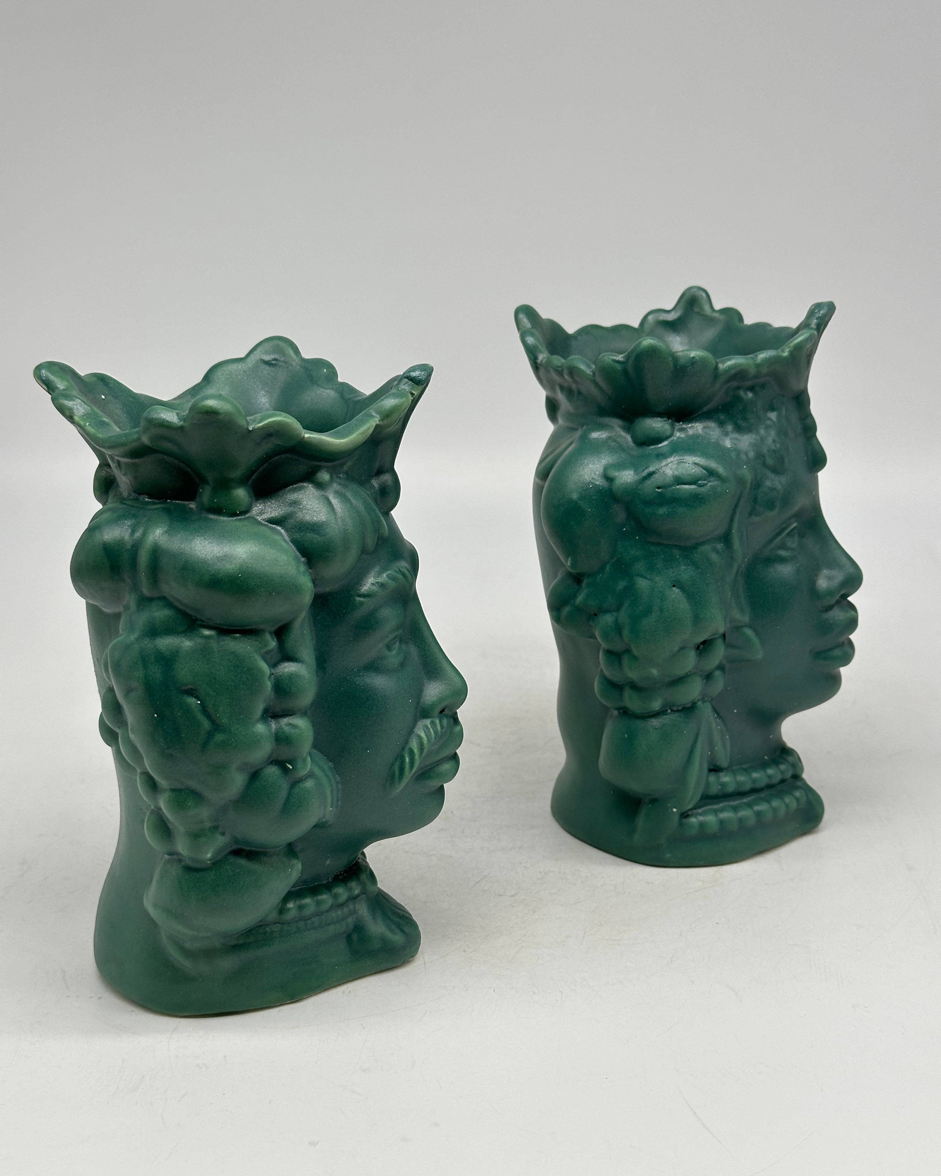 FINE SERIE - Coppia Teste di Moro Afro Frutta Ceramica Caltagirone cm H.18 L.12 Artigianale Verde Opaco - TESTE DI MORO