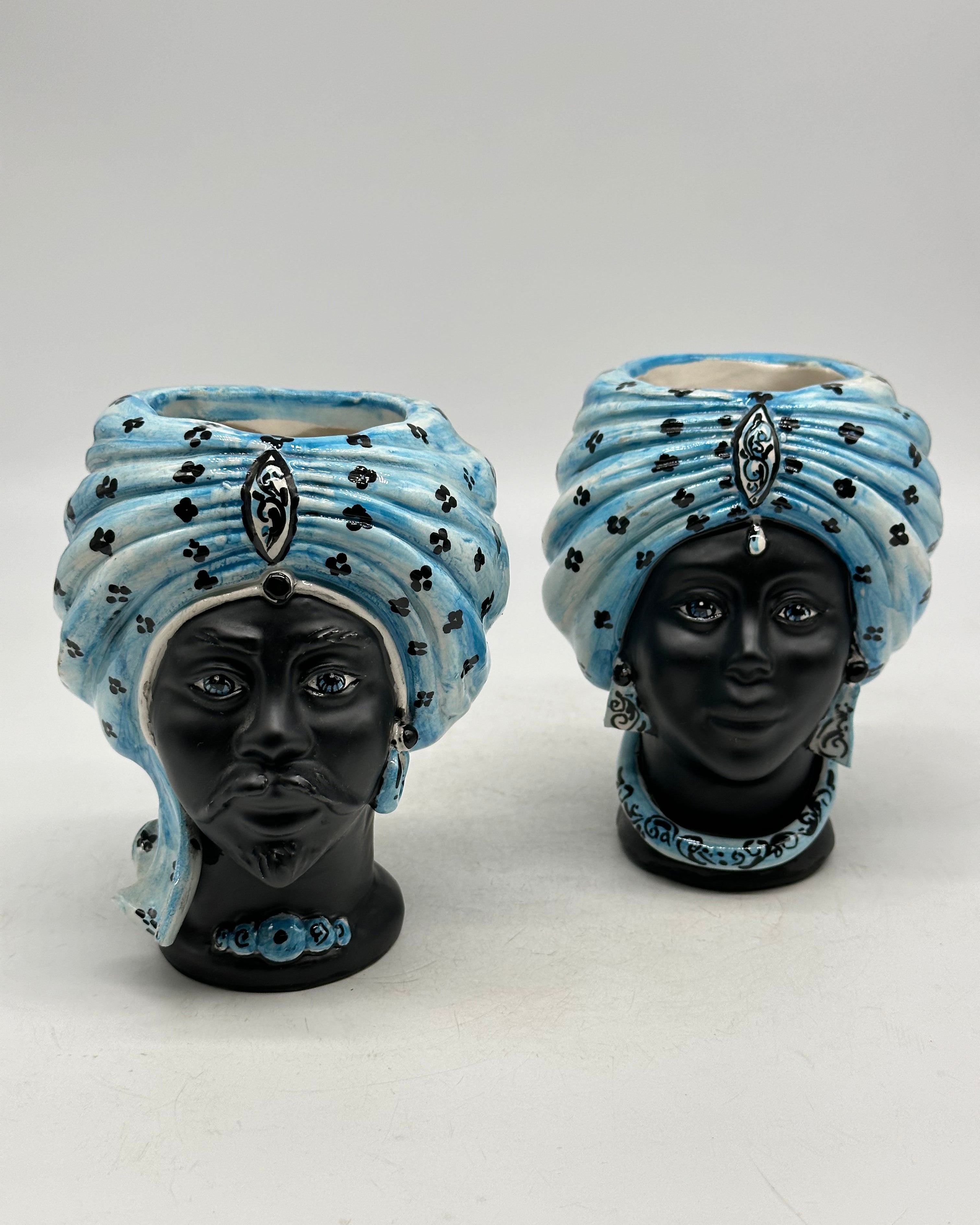 FINE SERIE - Coppia Teste di Moro Atena MINI Ceramica Caltagirone cm H.15 L.11 Artigianale Celeste Nero Opaco - TESTE