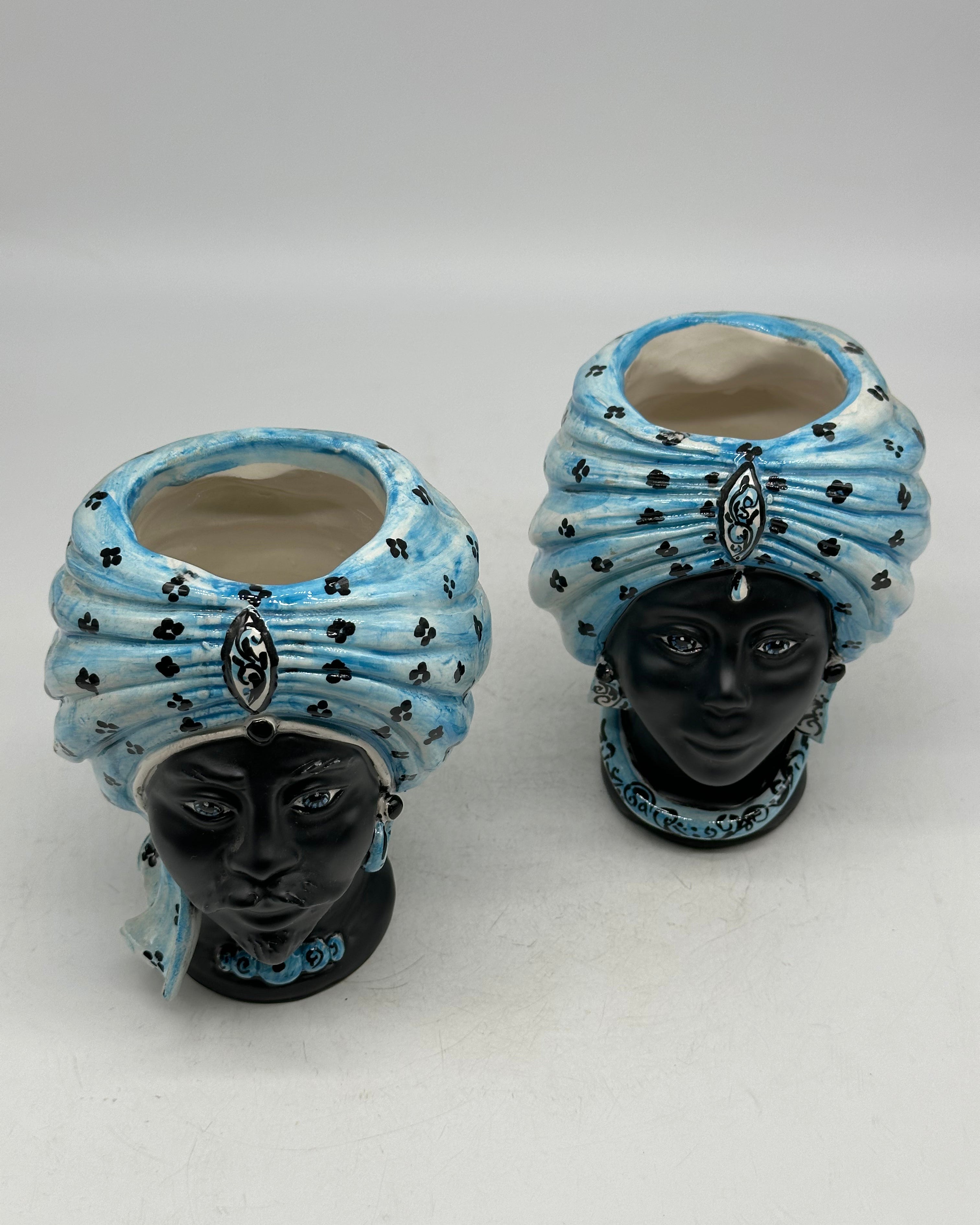 FINE SERIE - Coppia Teste di Moro Atena MINI Ceramica Caltagirone cm H.15 L.11 Artigianale Celeste Nero Opaco - TESTE
