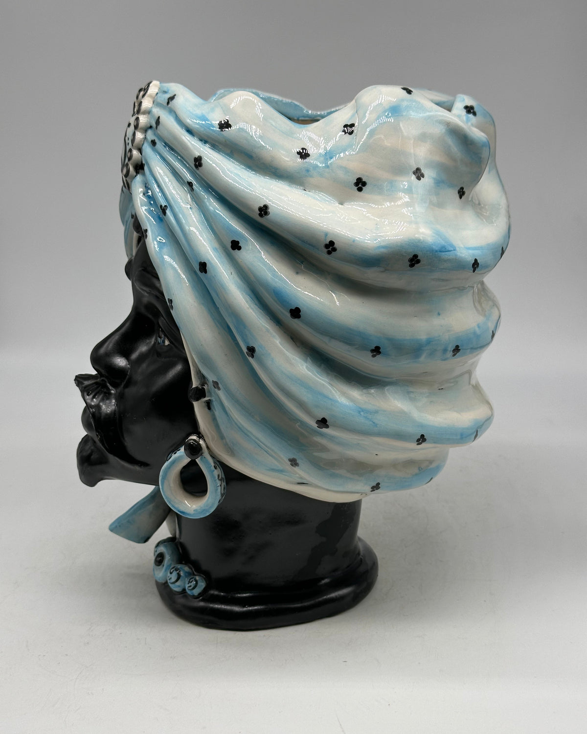 FINE SERIE - Testa di Moro Atena Uomo Ceramica Caltagirone cm H.30 L.23 Artigianale Celeste Pois Nero - TESTE DI MORO