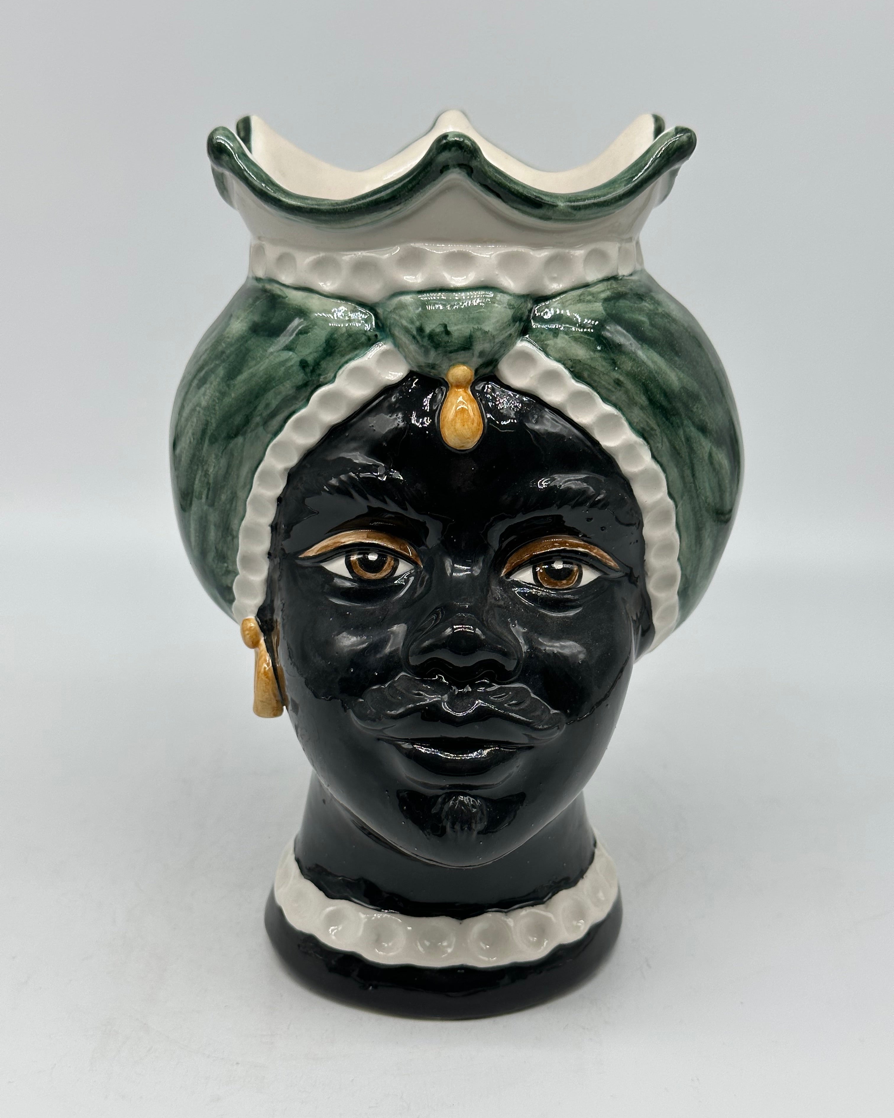 FINE SERIE - Testa di Moro Luis Ceramica Caltagirone cm H.22 L.15 Artigianale Turbante Liscio Verde UOMO - Donna