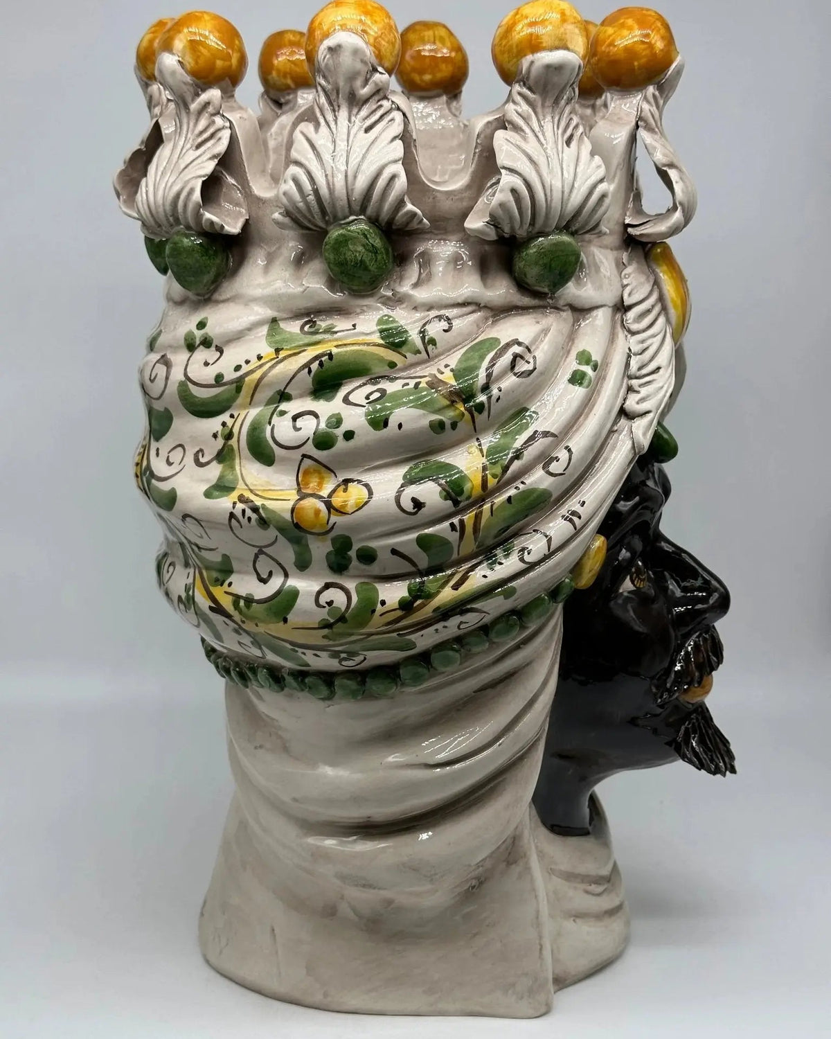 FINE SERIE - Testa di Moro Seicento Ceramica Caltagirone cm H.40 L.26 Artigianale Giallo Verde - Uomo - TESTA DI MORO