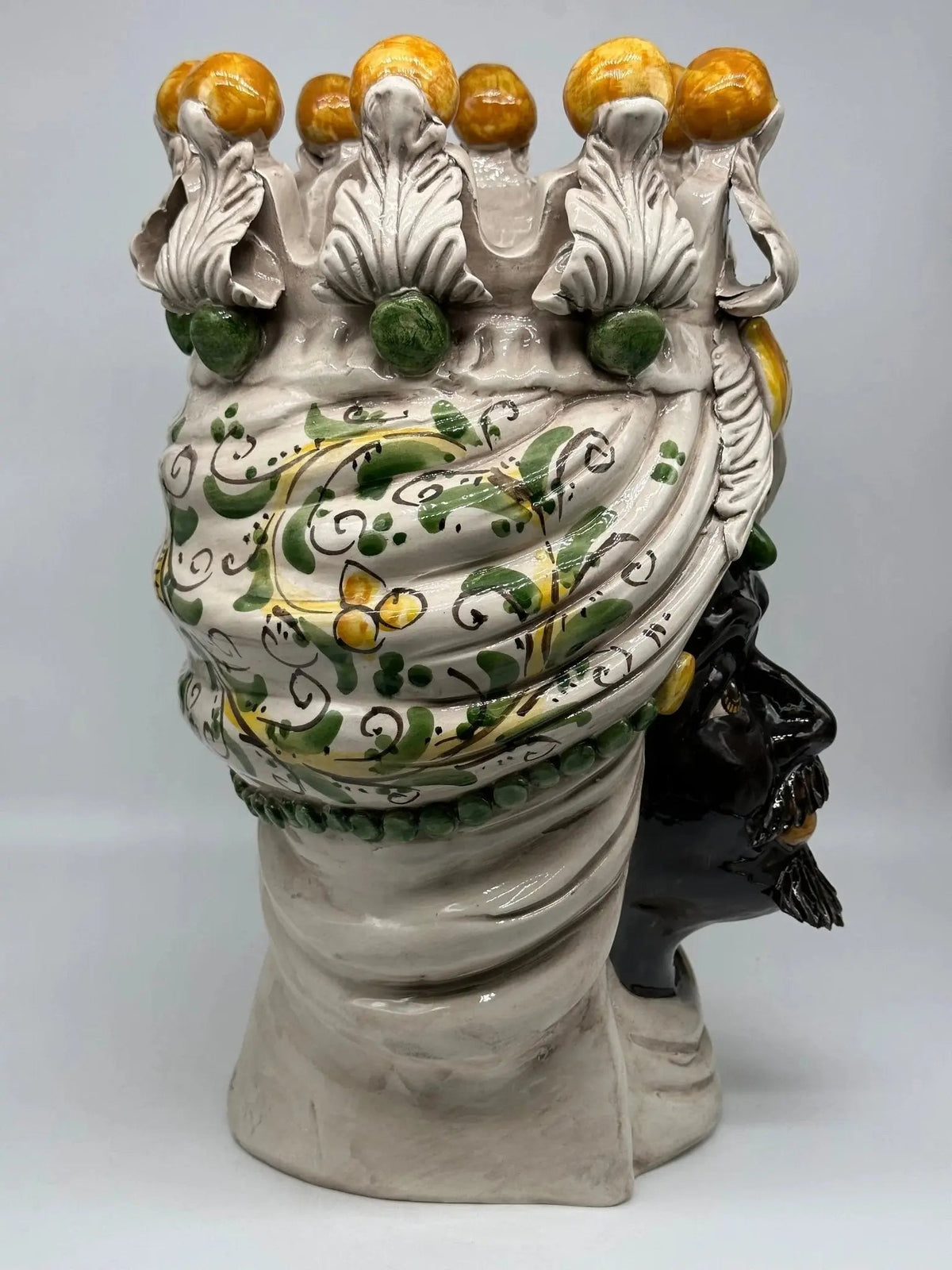 FINE SERIE - Testa di Moro Seicento Ceramica Caltagirone cm H.40 L.26 Artigianale Giallo Verde - Uomo - TESTA DI MORO