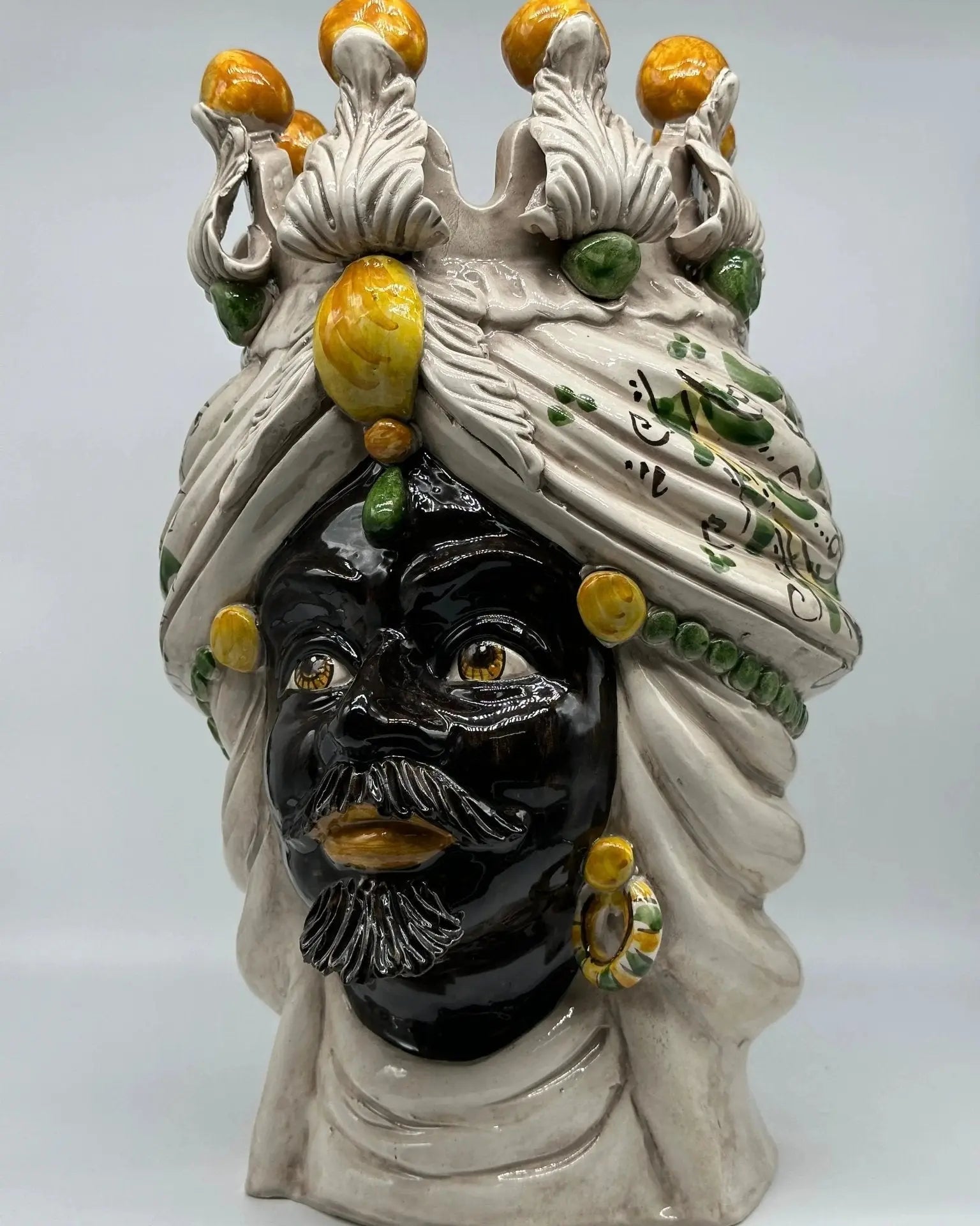 FINE SERIE - Testa di Moro Seicento Ceramica Caltagirone cm H.40 L.26 Artigianale Giallo Verde - Uomo - TESTA DI MORO
