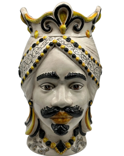 FINE SERIE - Teste di Moro Saturno Ceramica Caltagirone cm H.37 L.22 Artigianale Barocco Ocra Nero - Re - TESTA DI MORO