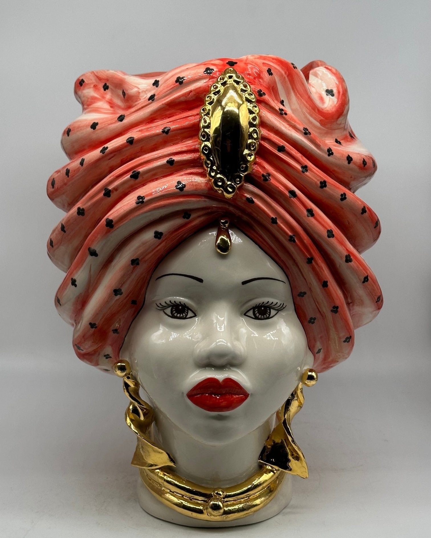 Teste di Moro Atena Ceramica Caltagirone cm H.40 L.28 Artigianale Rosso Bianco Oro - DD CERAMICHE SICILIANE