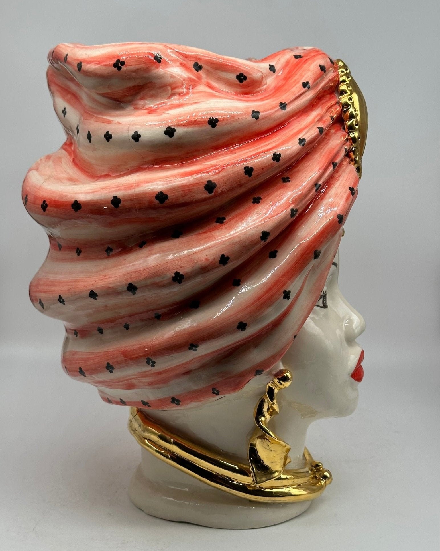 Teste di Moro Atena Ceramica Caltagirone cm H.40 L.28 Artigianale Rosso Bianco Oro - DD CERAMICHE SICILIANE