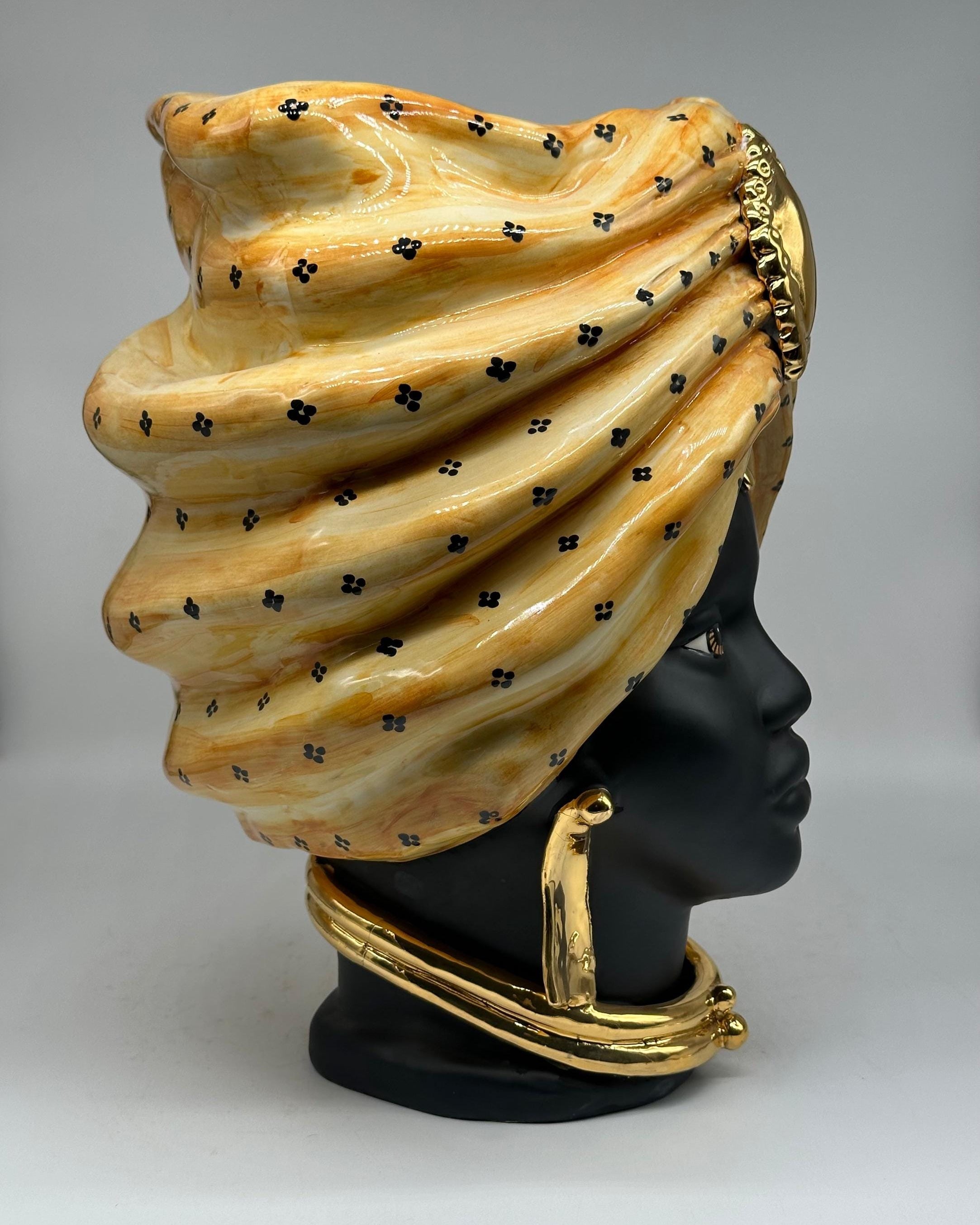 Teste di Moro Atena Ceramica Caltagirone cm H.40 L.28 Artigianale Arancio Pois Nero Oro - TESTA DI MORO