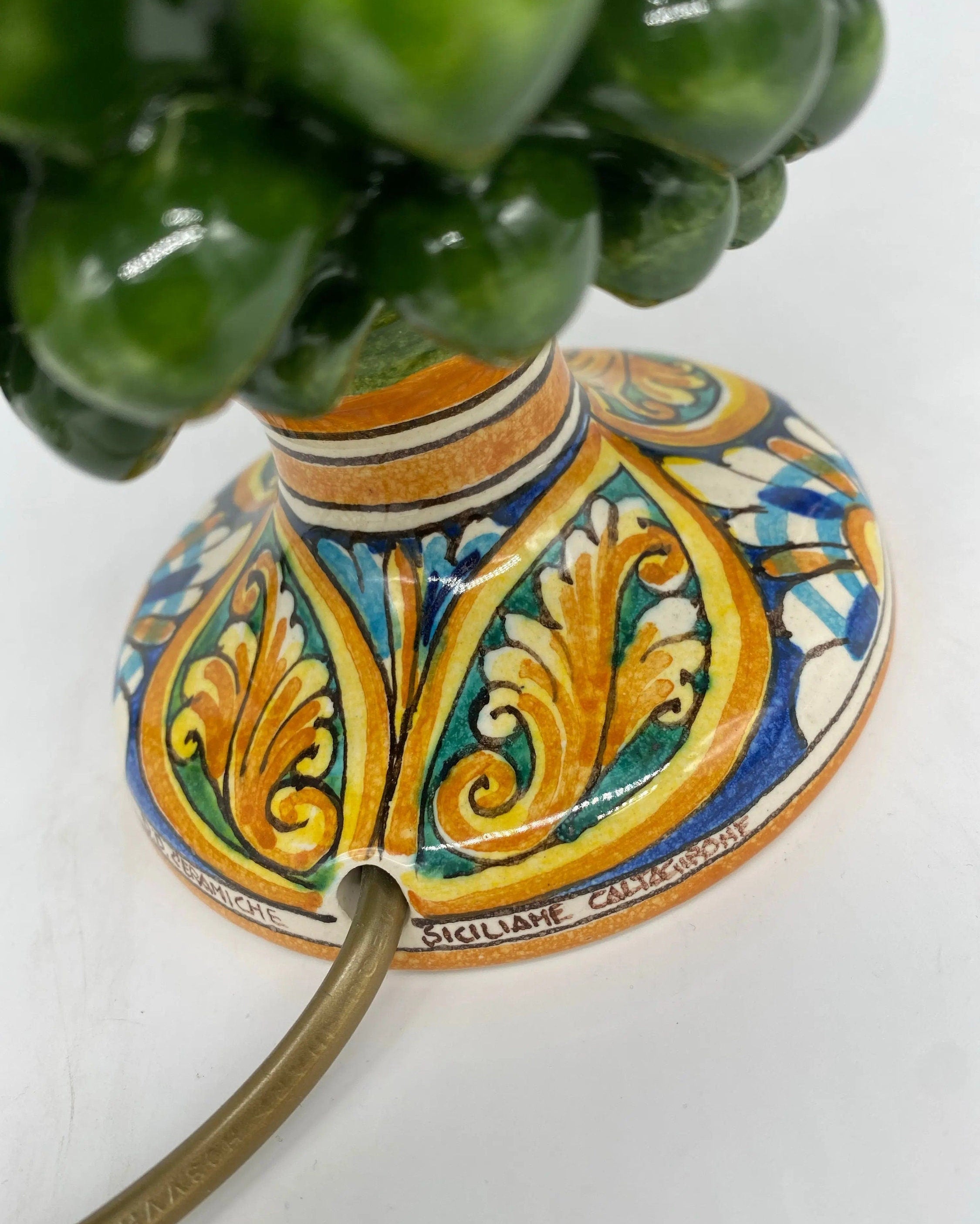 Lampada Pigna Ceramica Caltagirone cm H.25 Artigianale Verde Prato Base Decorata DD CERAMICHE SICILIANE