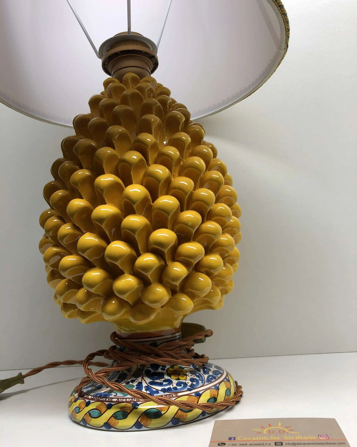 Lampada Pigna Ceramica Caltagirone cm H.30 Artigianale Giallo Base Decorata DD CERAMICHE SICILIANE