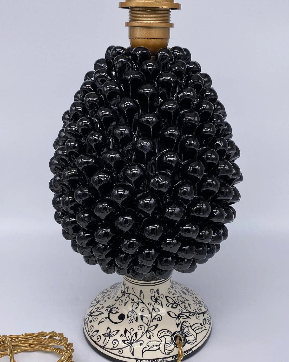 Lampada Pigna Ceramica Caltagirone cm H.30 Artigianale Nero Base Decorata DD CERAMICHE SICILIANE
