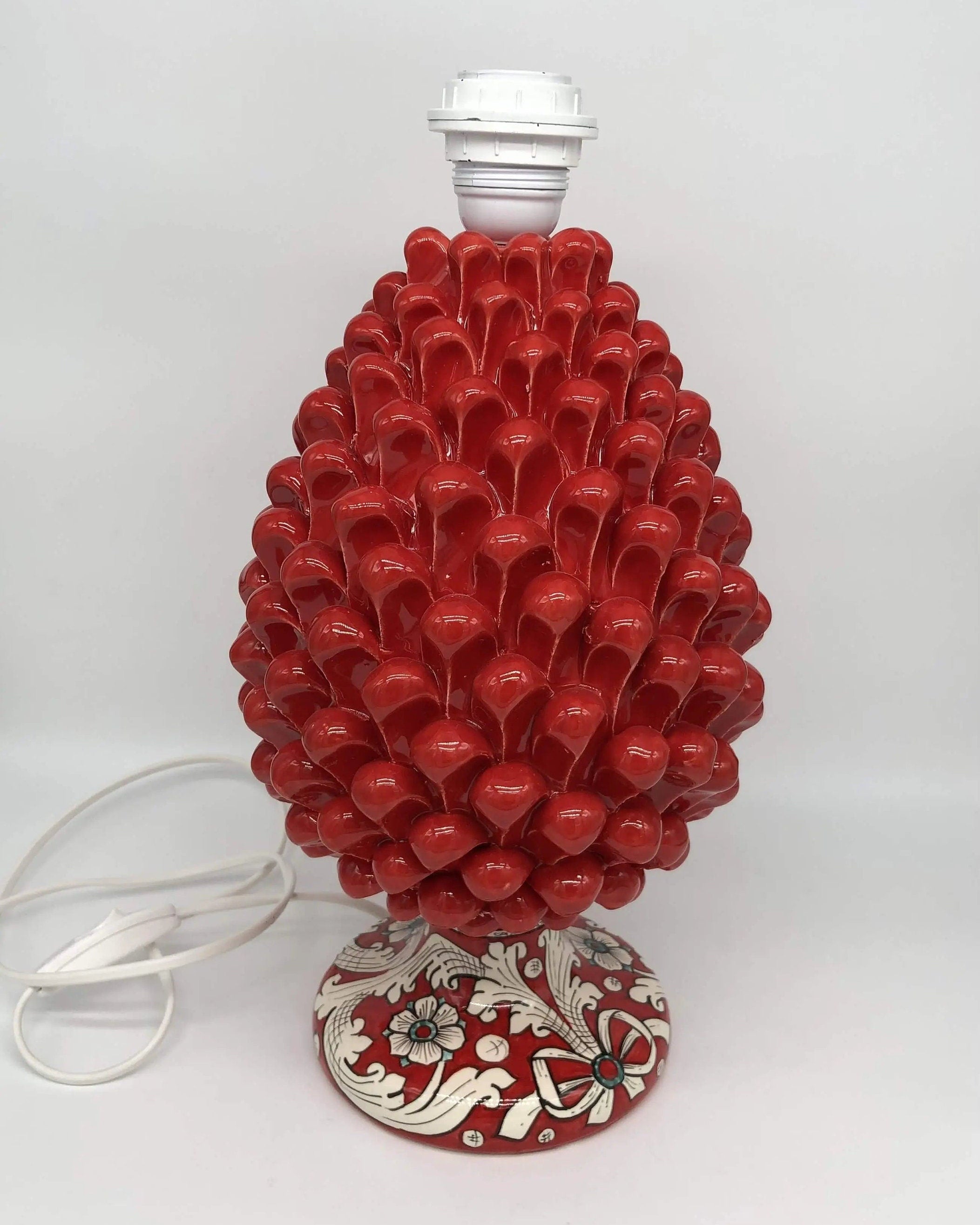 Lampada Pigna Ceramica Caltagirone cm H.30 Artigianale Rosso Base Decorata DD CERAMICHE SICILIANE