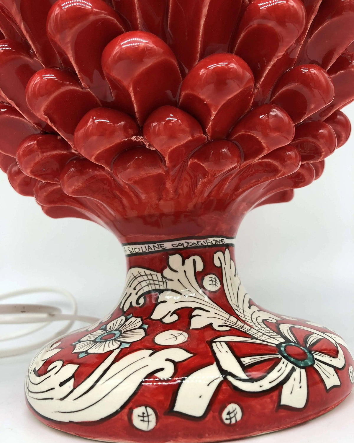 Lampada Pigna Ceramica Caltagirone cm H.30 Artigianale Rosso Base Decorata DD CERAMICHE SICILIANE
