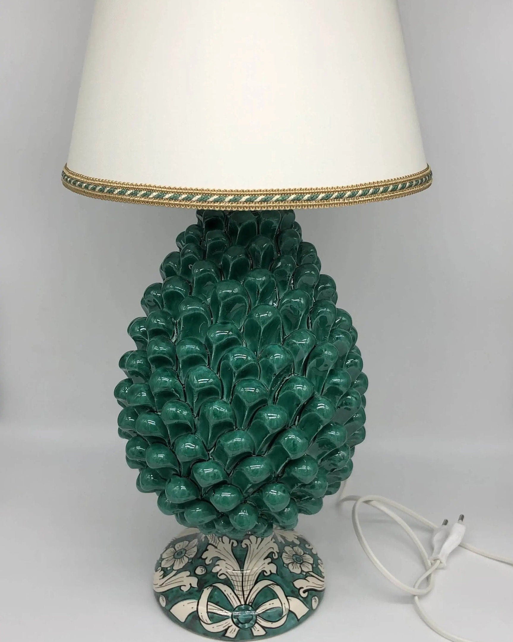Lampada Pigna Ceramica Caltagirone cm H.30 Artigianale Verde Cristallo Base Decorata DD CERAMICHE SICILIANE