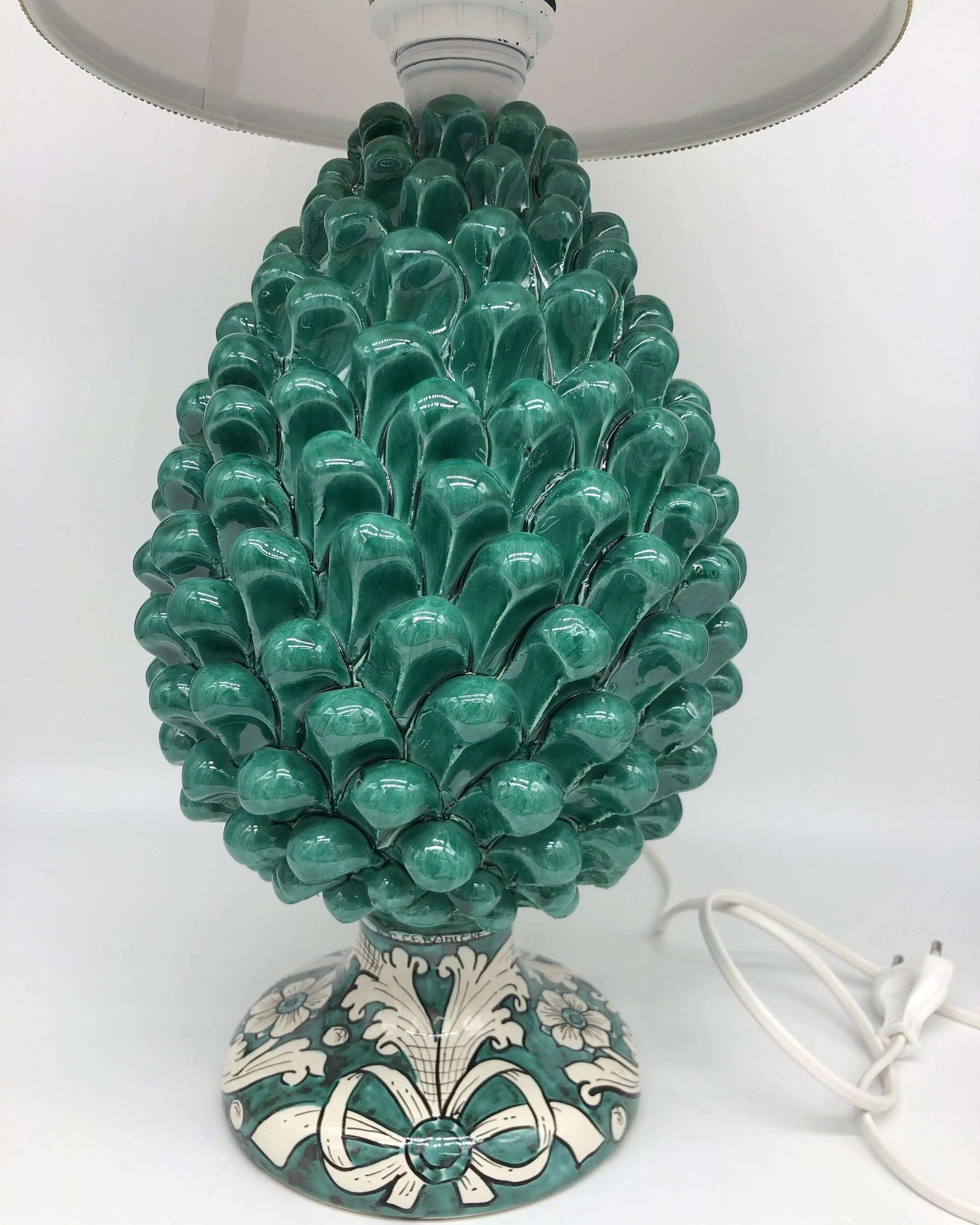 Lampada Pigna Ceramica Caltagirone cm H.30 Artigianale Verde Cristallo Base Decorata DD CERAMICHE SICILIANE