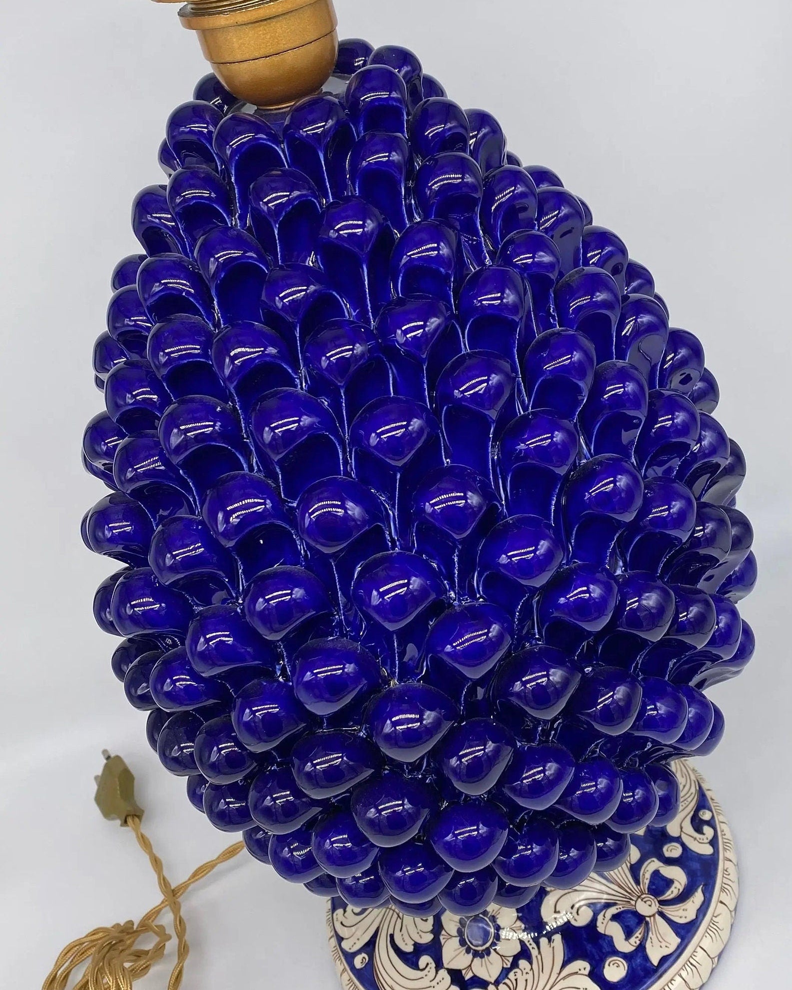 Lampada Pigna Ceramica Caltagirone cm H.40 Artigianale Blu Base Decorata DD CERAMICHE SICILIANE