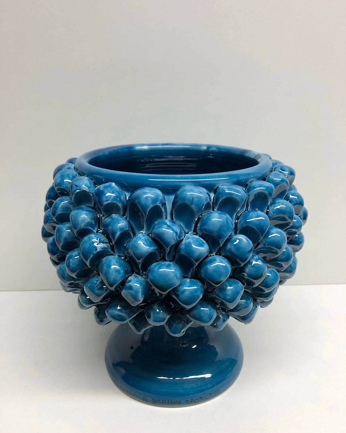 Portavaso Mezza Pigna Ceramica Caltagirone cm H.20 L.20 Artigianale Blu Cristallo DD CERAMICHE SICILIANE