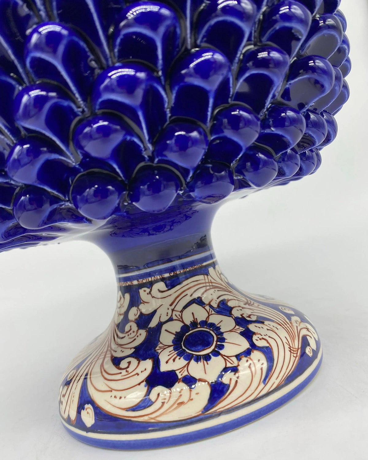 Portavaso Mezza Pigna Ceramica Caltagirone cm H.20 L.20 Artigianale Blu Base Decorata DD CERAMICHE SICILIANE