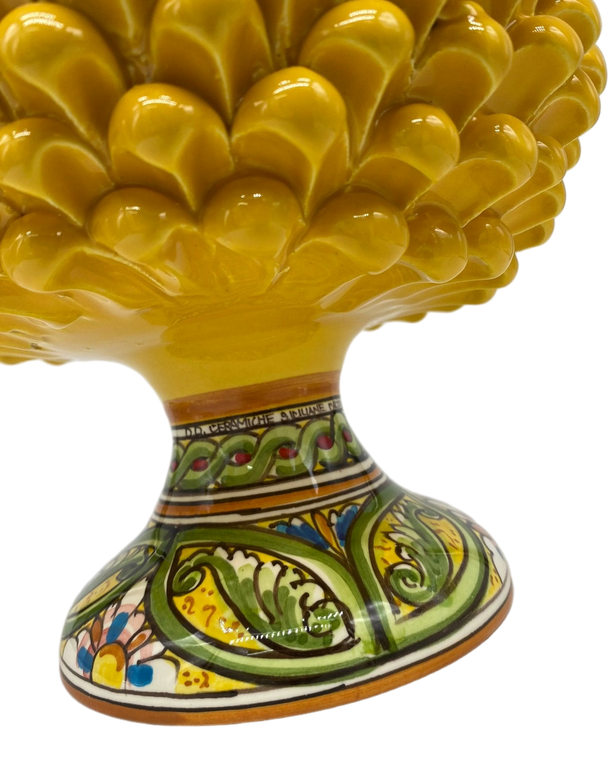 Portavaso Mezza Pigna Ceramica Caltagirone cm H.20 L.20 Artigianale Giallo Base Decorata DD CERAMICHE SICILIANE