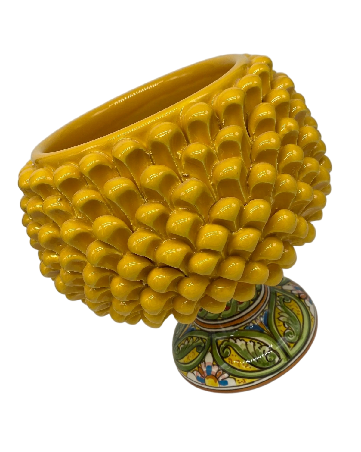 Portavaso Mezza Pigna Ceramica Caltagirone cm H.20 L.20 Artigianale Giallo Base Decorata DD CERAMICHE SICILIANE