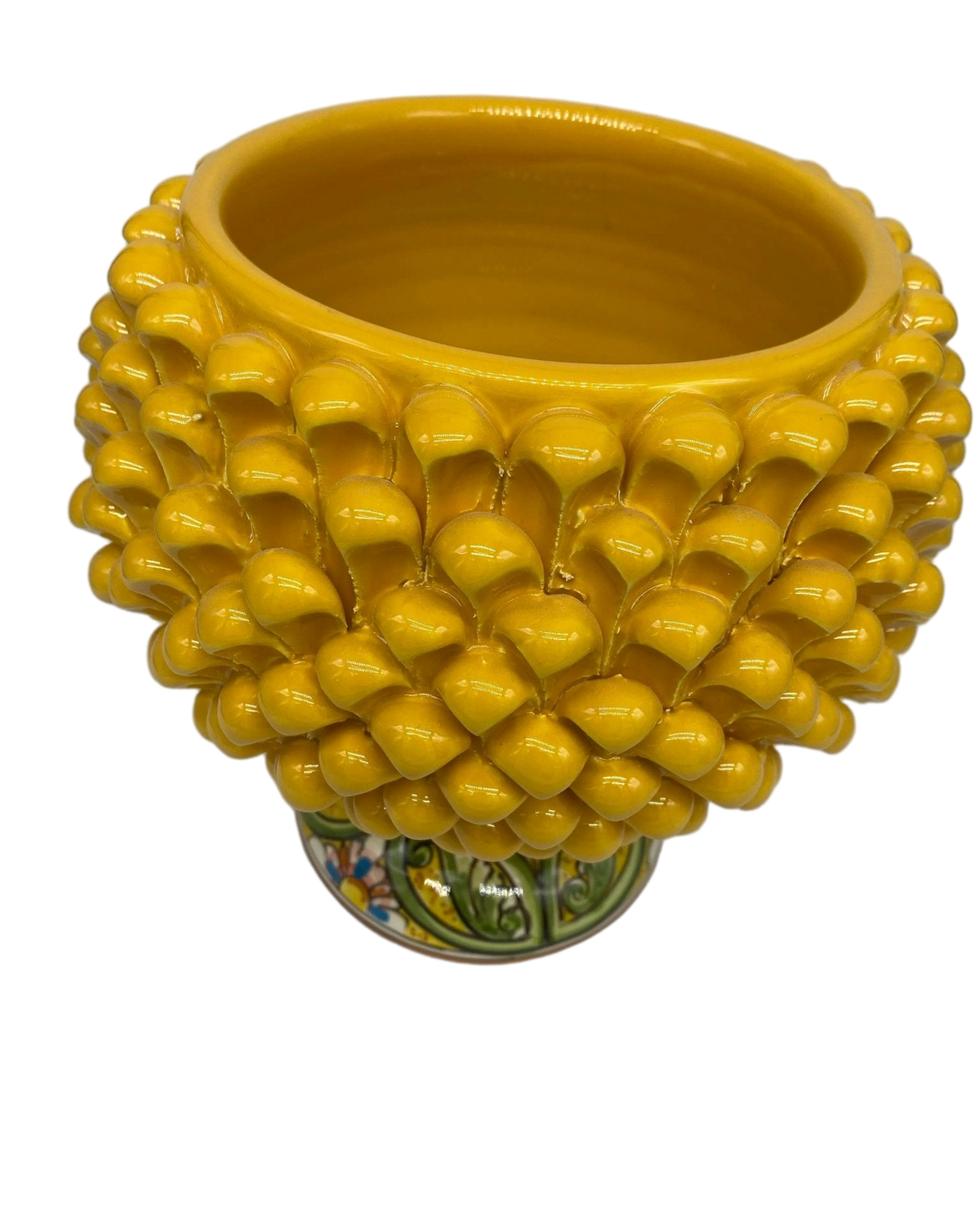 Portavaso Mezza Pigna Ceramica Caltagirone cm H.20 L.20 Artigianale Giallo Base Decorata DD CERAMICHE SICILIANE