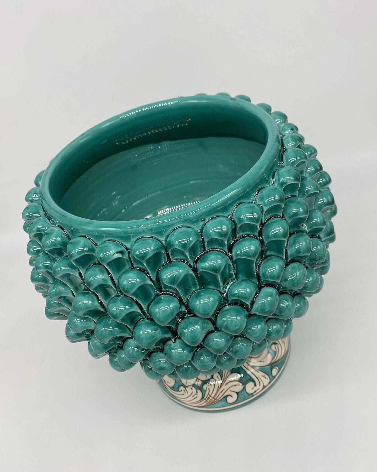 Portavaso Mezza Pigna Ceramica Caltagirone cm H.20 L.20 Artigianale Verde Cristallo Base Decorata DD CERAMICHE SICILIANE