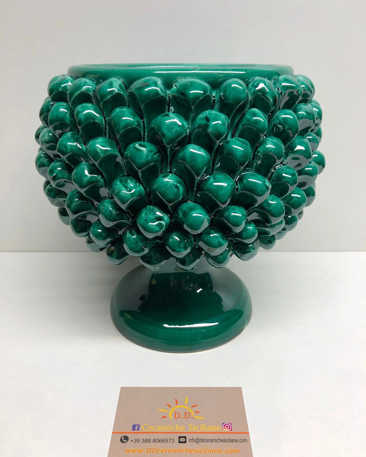 Portavaso Mezza Pigna Ceramica Caltagirone cm H.20 L.20 Artigianale Verde Cristallo DD CERAMICHE SICILIANE