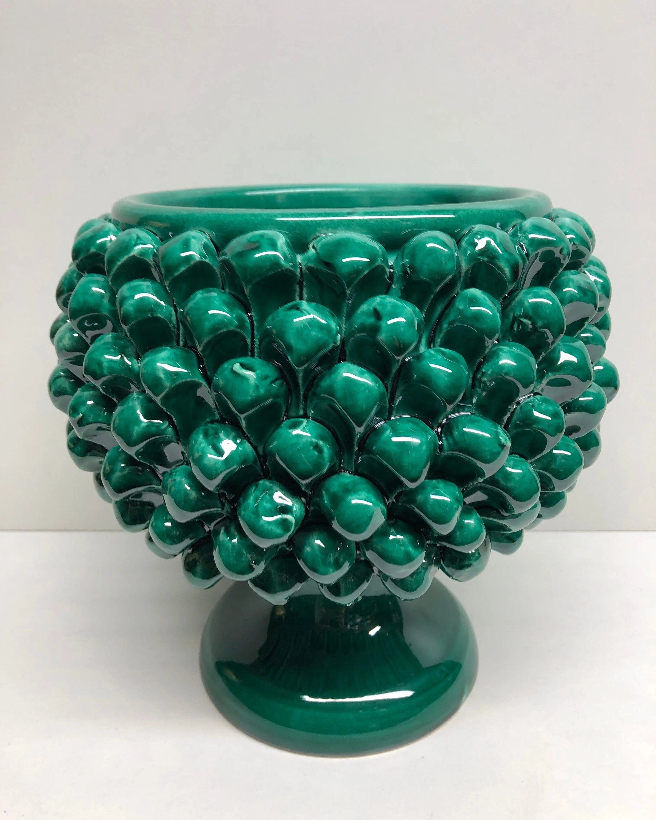 Portavaso Mezza Pigna Ceramica Caltagirone cm H.20 L.20 Artigianale Verde Cristallo DD CERAMICHE SICILIANE