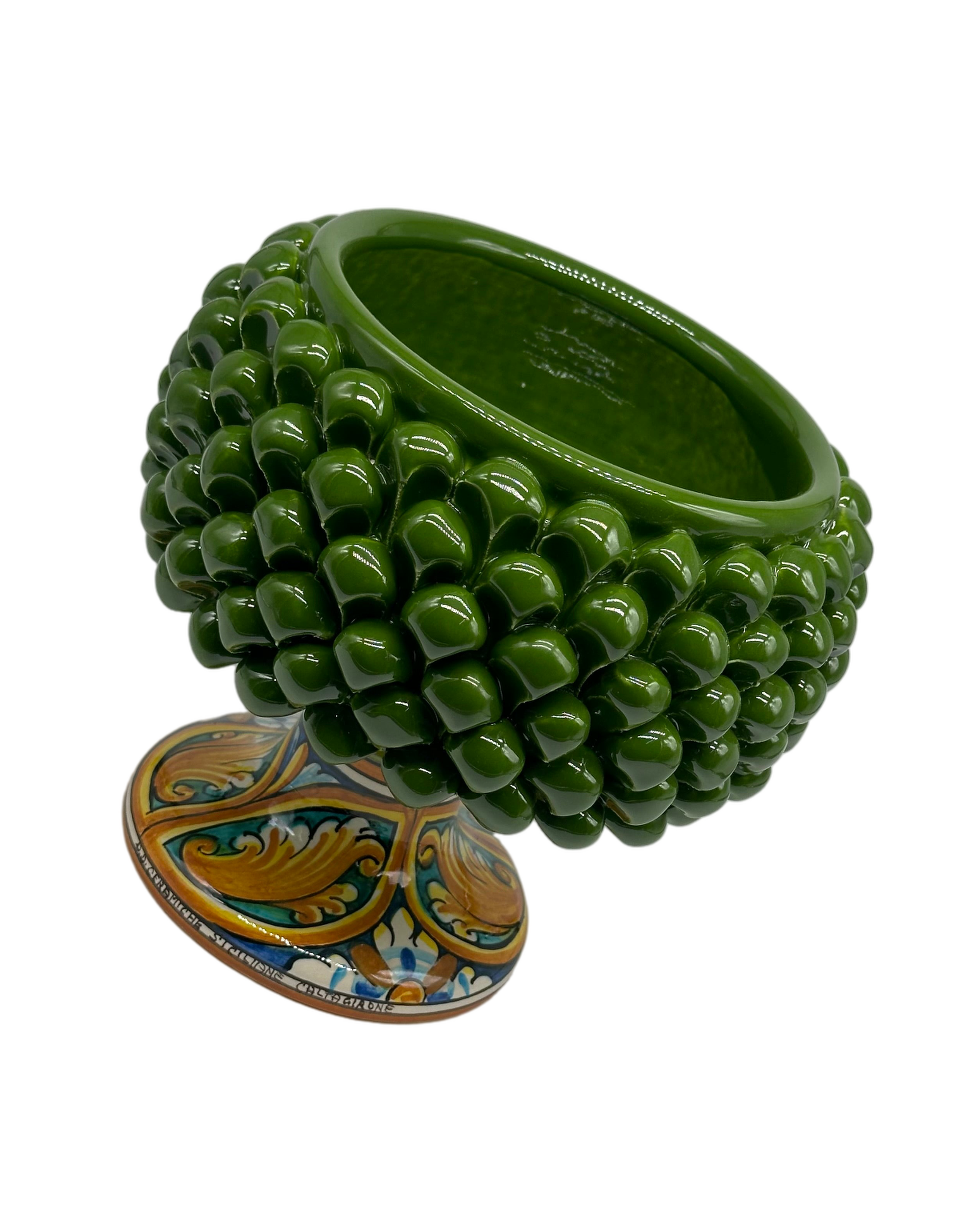 Portavaso Mezza Pigna Ceramica Caltagirone cm H.20 L.20 Artigianale Verde Base Decorata - MEZZA PIGNA