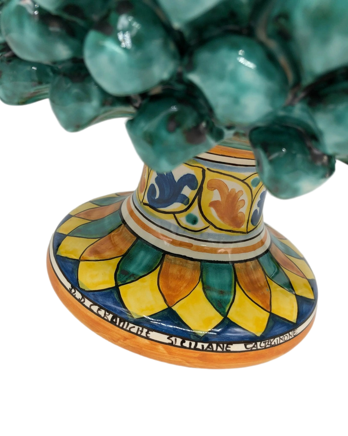 Portavaso Mezza Pigna Ceramica Caltagirone cm H.25 L.25 Artigianale Verde Acqua Base Decorata - DD CERAMICHE SICILIANE
