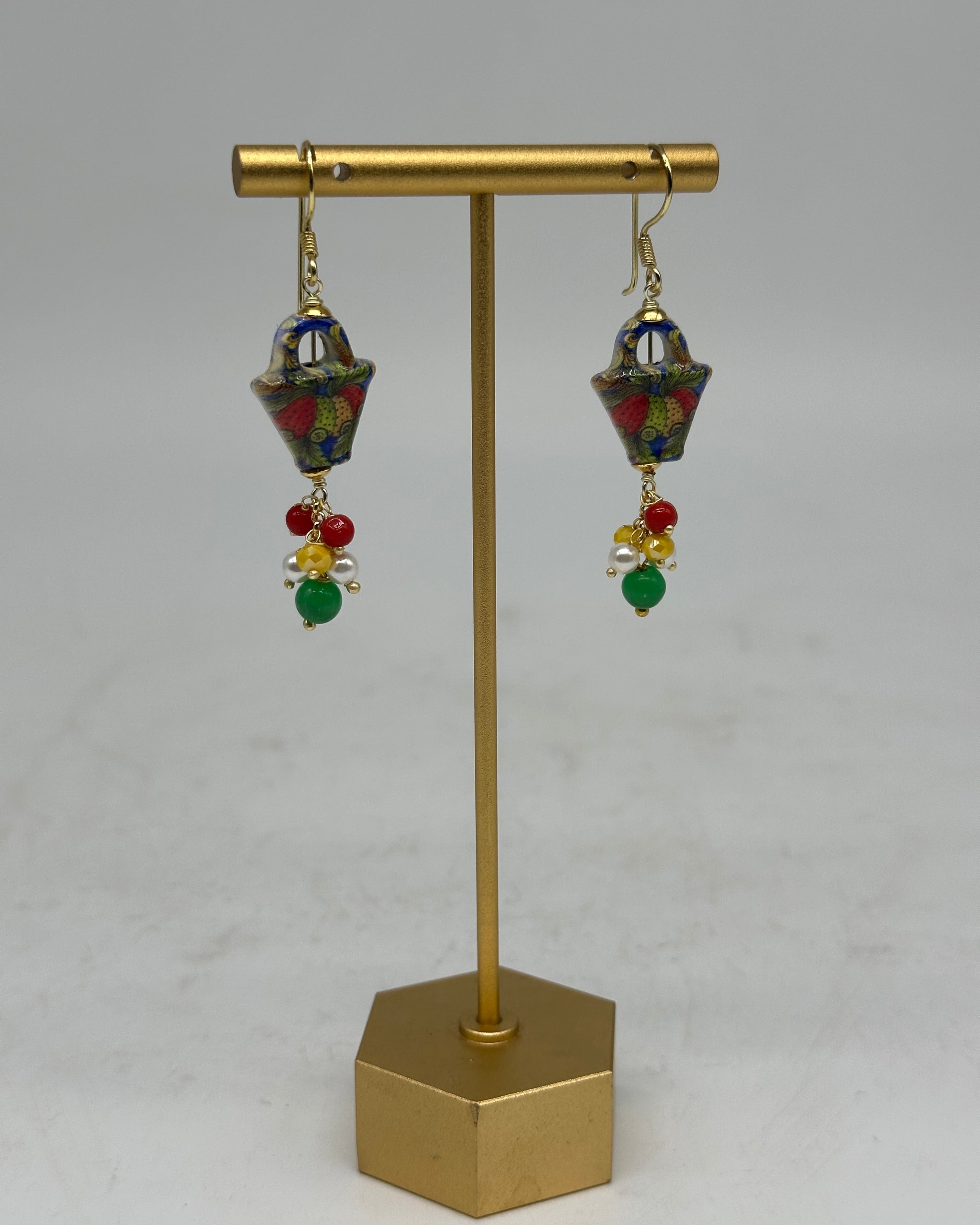 Orecchini Artigianali Coffa Siciliana in Ceramica di Caltagirone pietre varie V.3 - ORECCHINI
