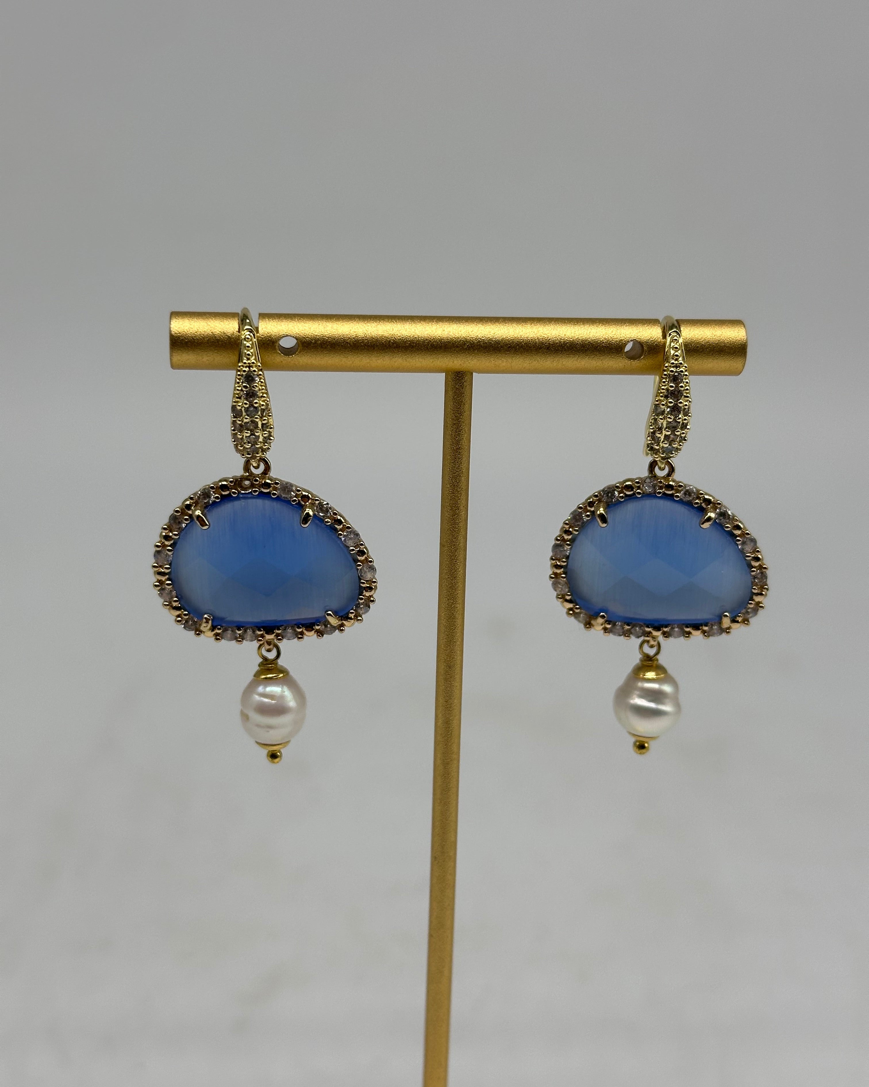 Orecchini Artigianali Smeraldi Blu Pietra e Brillantini - ORECCHINI