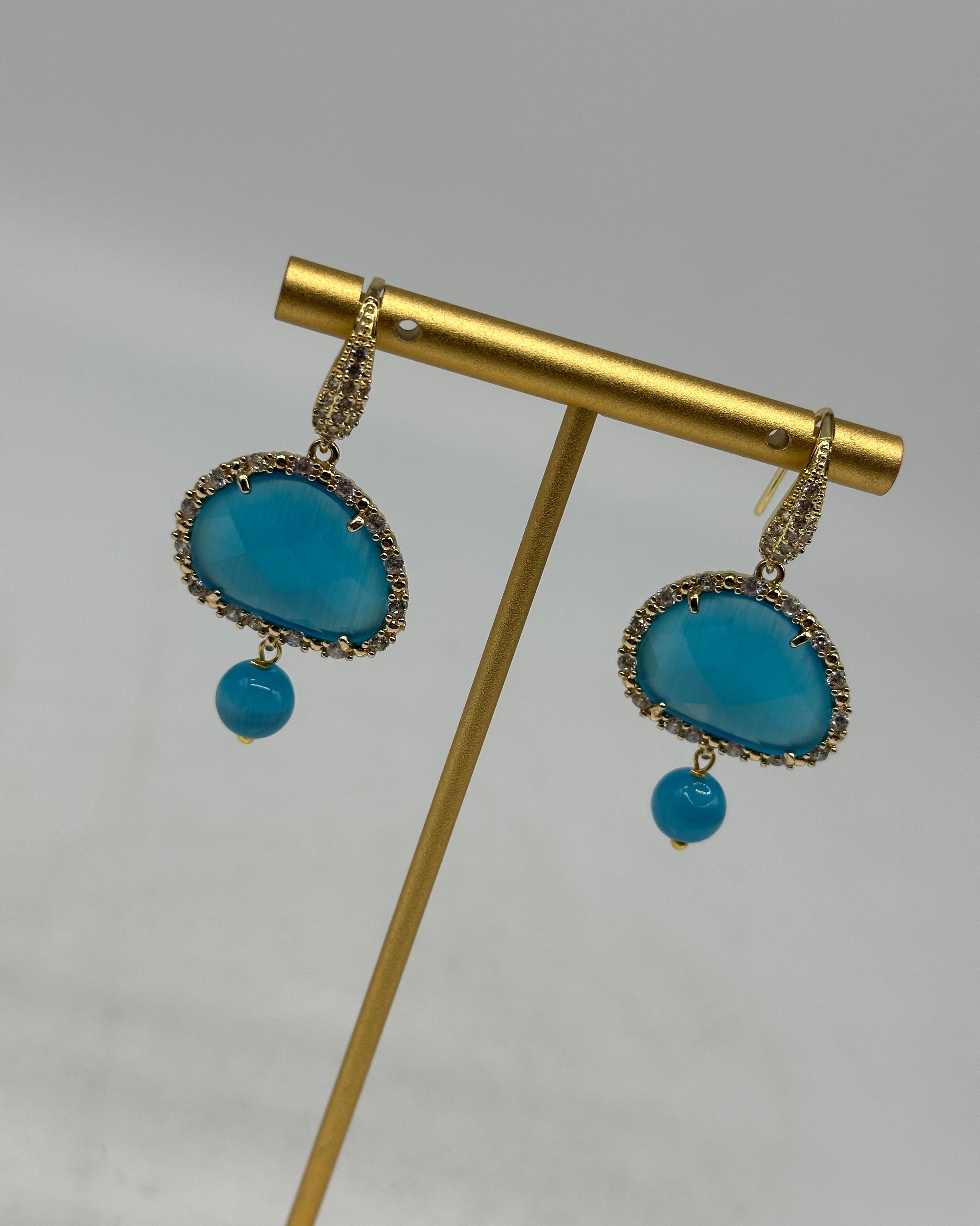 Orecchini Artigianali Smeraldi Celeste Pietra e Brillantini - BIJOUX