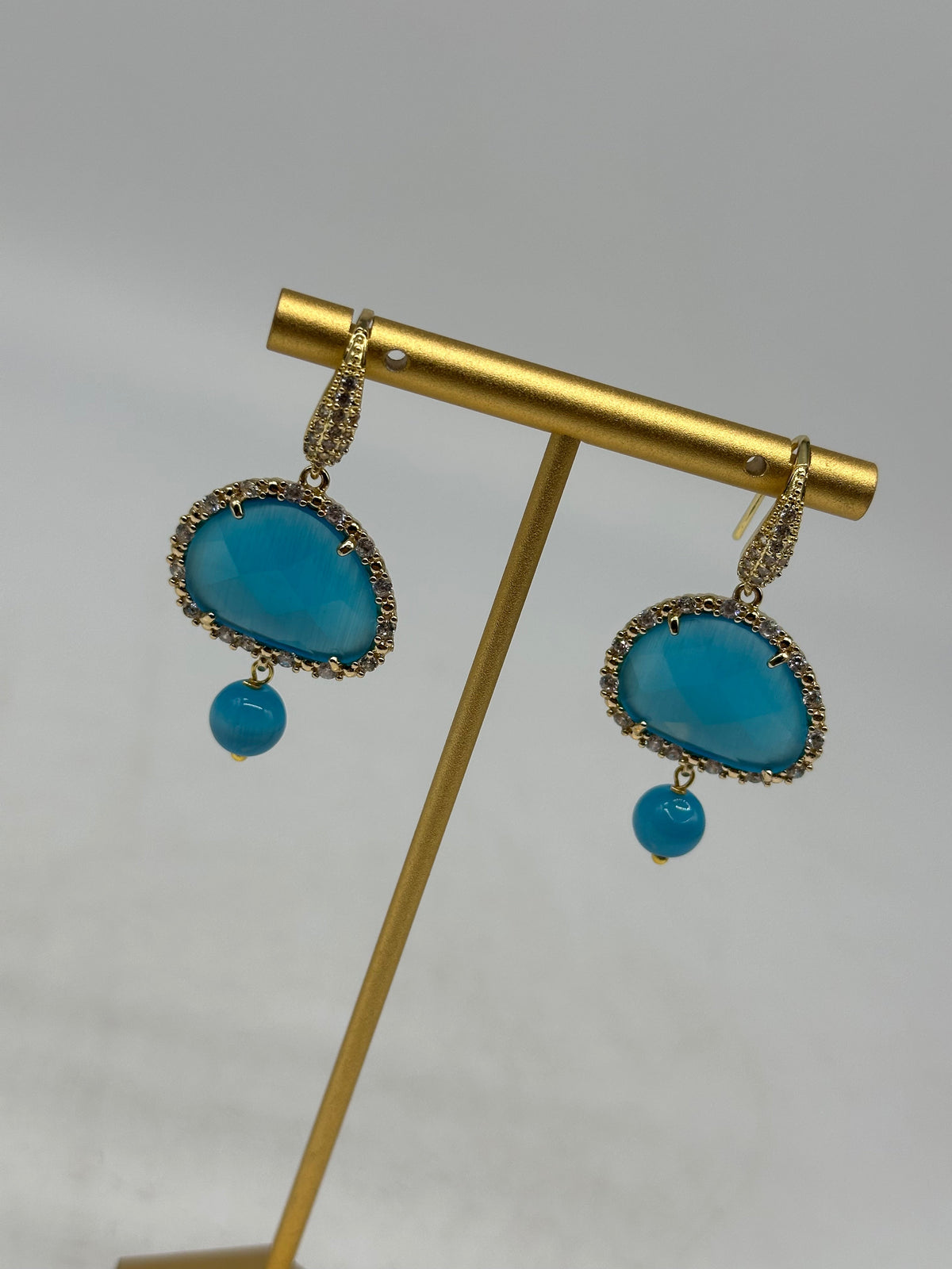 Orecchini Artigianali Smeraldi Celeste Pietra e Brillantini - BIJOUX