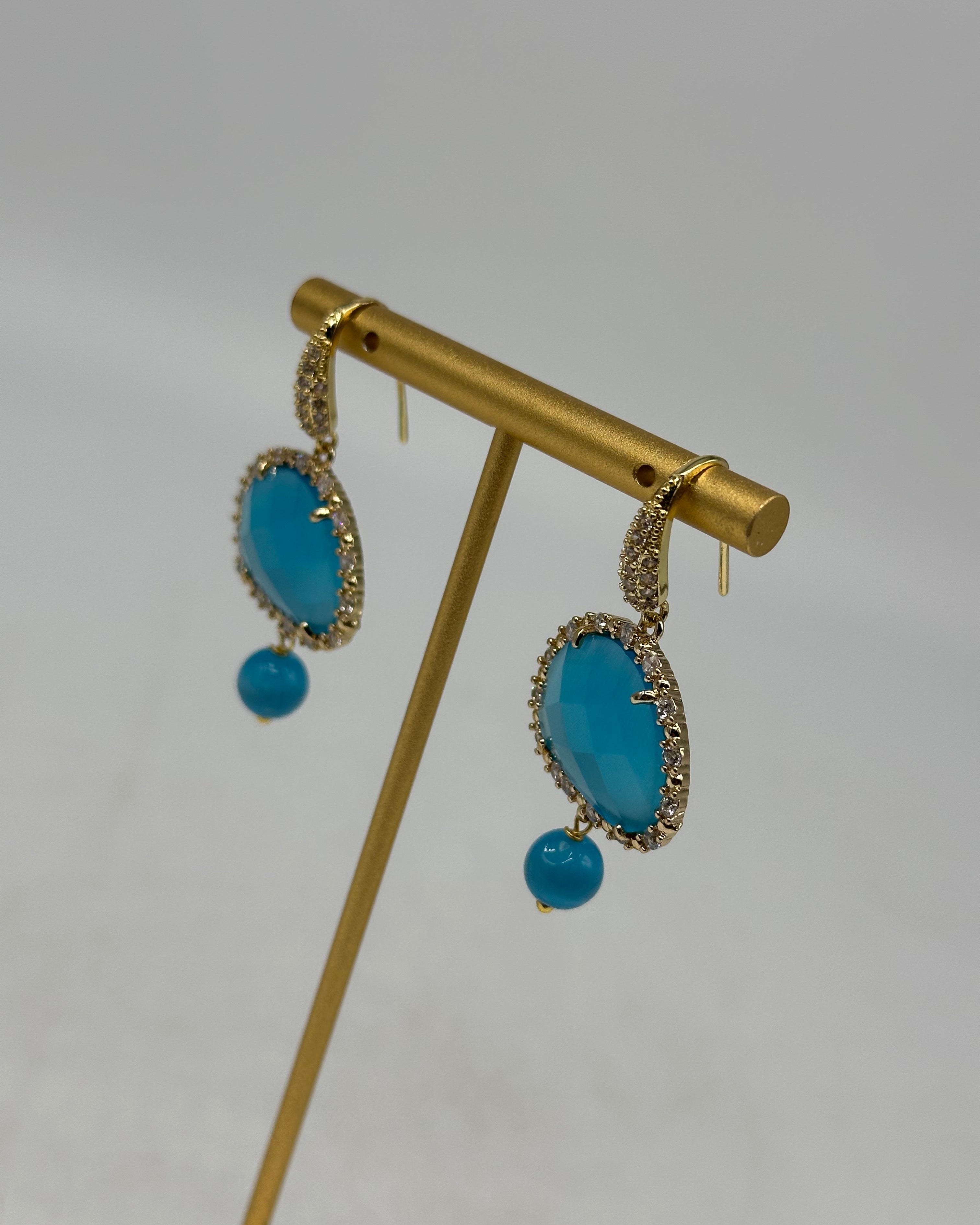 Orecchini Artigianali Smeraldi Celeste Pietra e Brillantini - BIJOUX