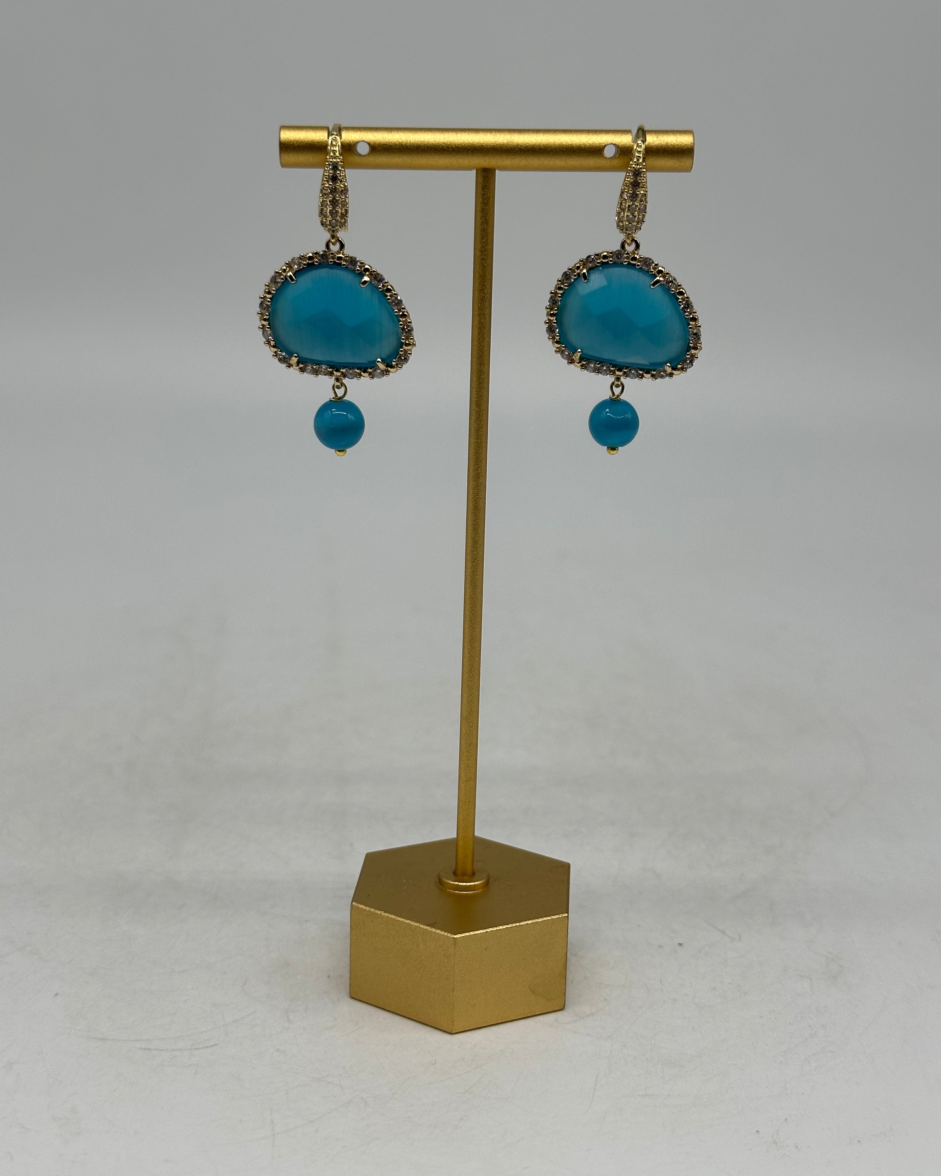 Orecchini Artigianali Smeraldi Celeste Pietra e Brillantini - BIJOUX