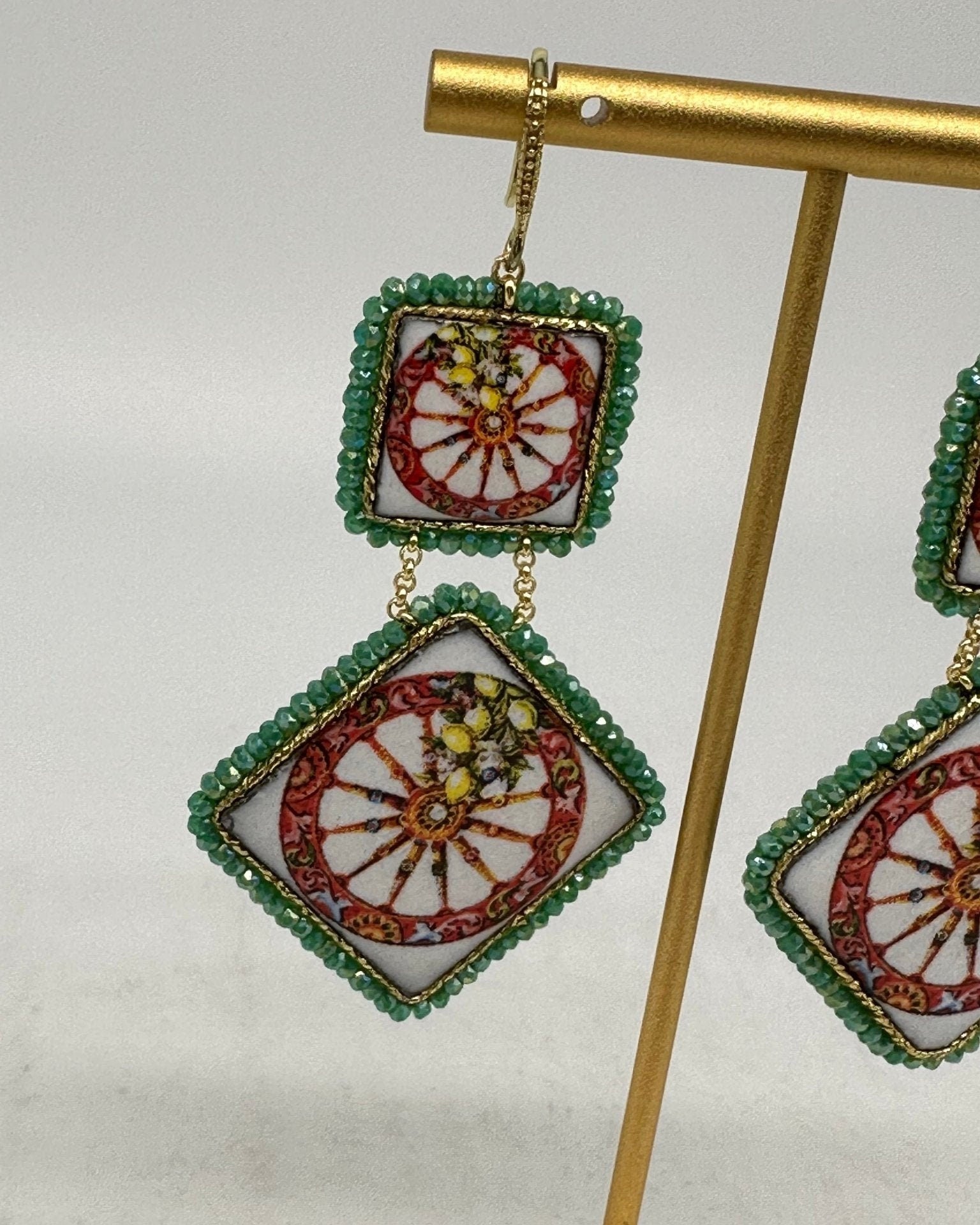Orecchini Piastrella Ceramica di Caltagirone, cornice verde - DD CERAMICHE SICILIANE