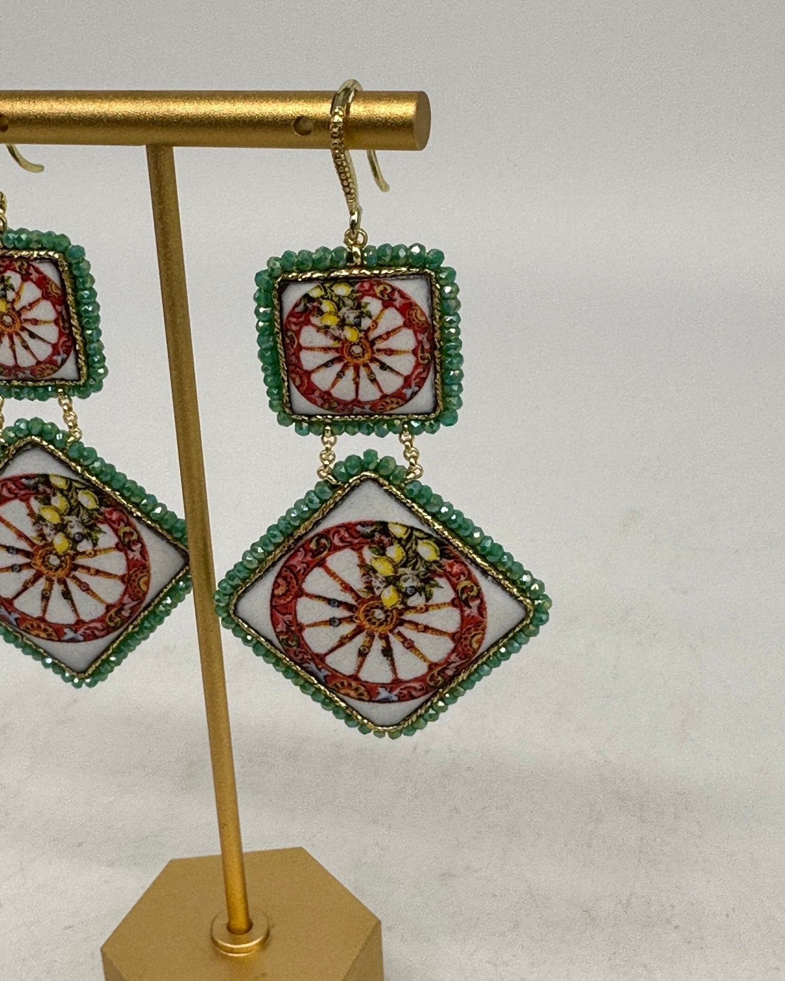 Orecchini Piastrella Ceramica di Caltagirone, cornice verde - DD CERAMICHE SICILIANE