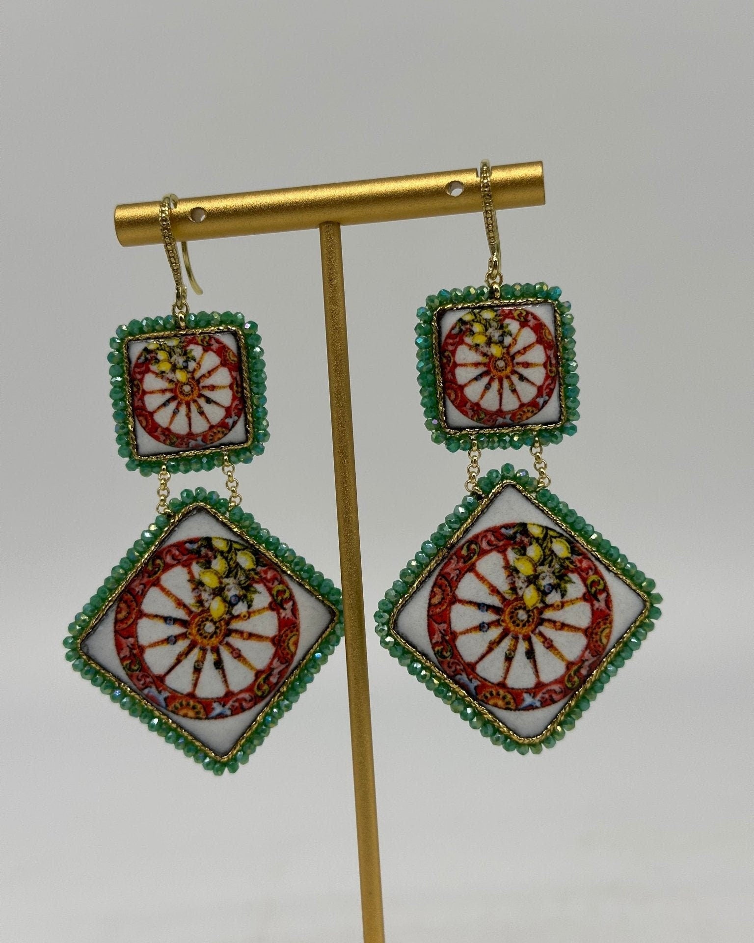 Orecchini Piastrella Ceramica di Caltagirone, cornice verde - DD CERAMICHE SICILIANE