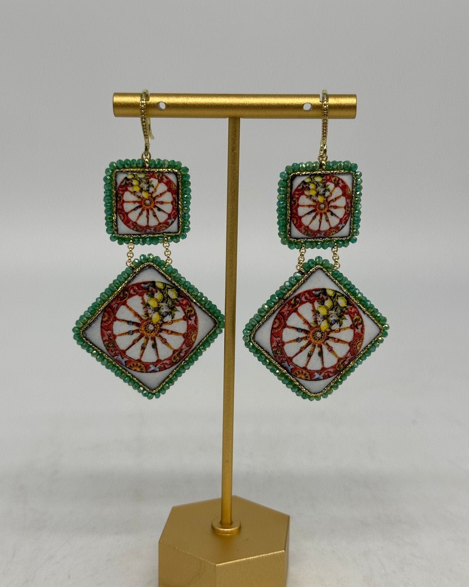 Orecchini Piastrella Ceramica di Caltagirone, cornice verde - DD CERAMICHE SICILIANE