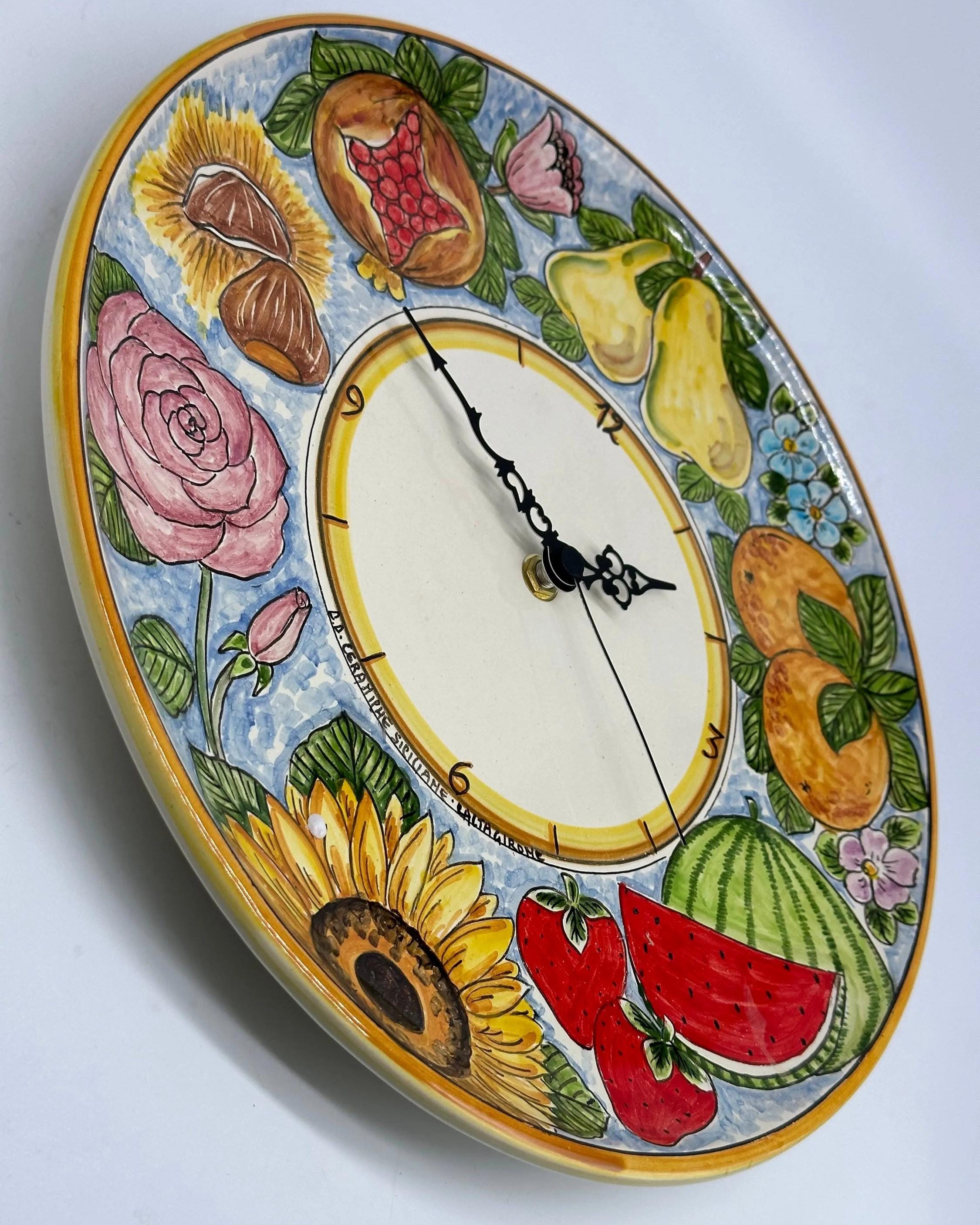 Orologio da Parete Ceramica Caltagirone Rotondo dipinto a mano cm D.30 Decoro n.12g DD CERAMICHE SICILIANE