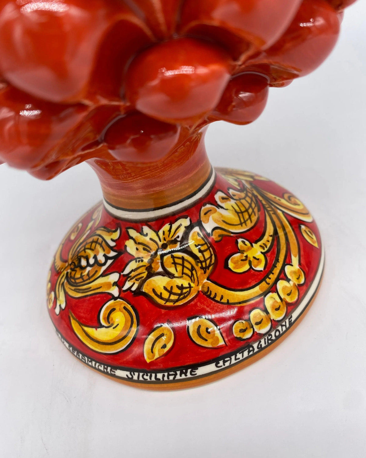 Pigna Ceramica Caltagirone cm H.25 Artigianale Rosso Base Decorata DD CERAMICHE SICILIANE