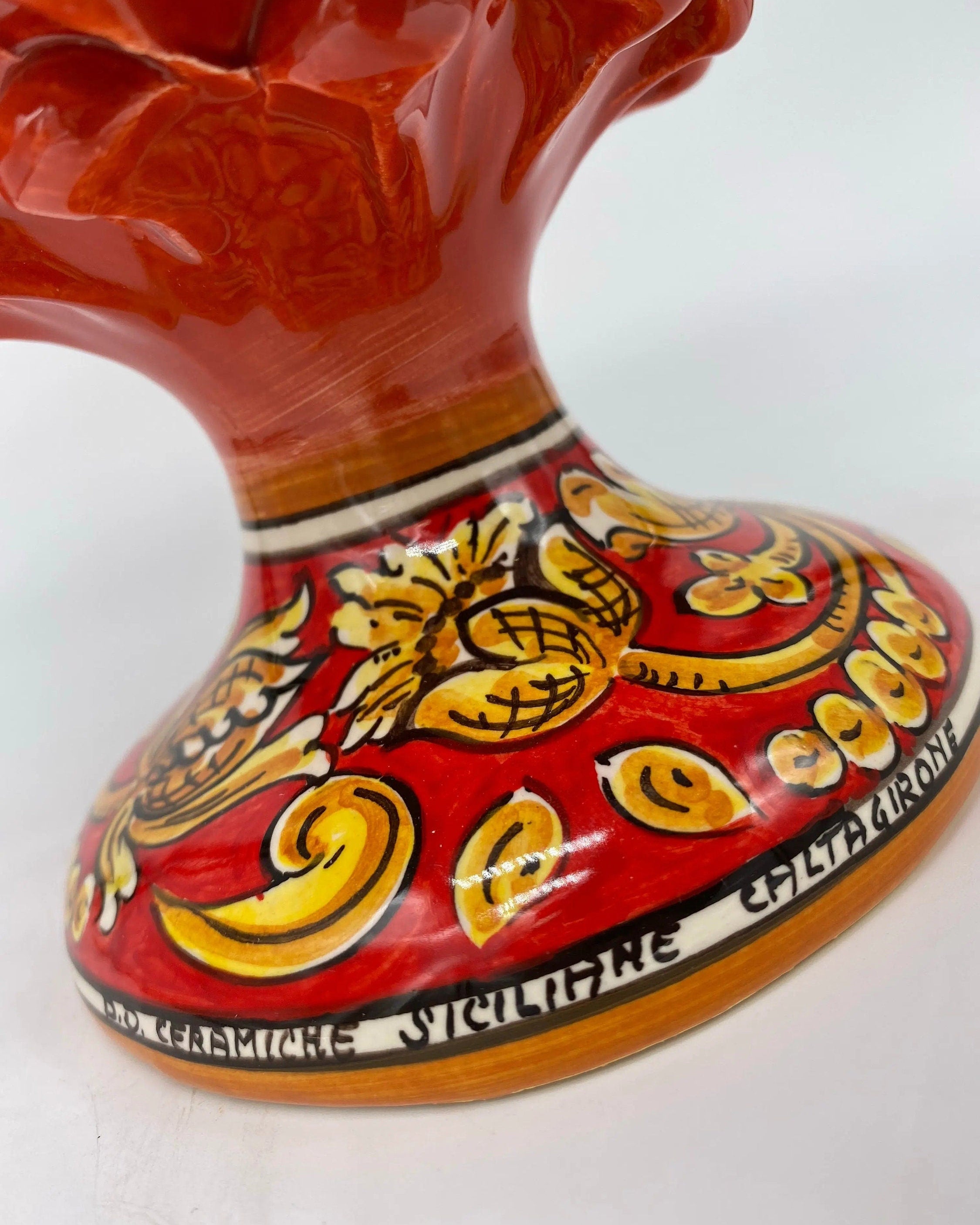 Pigna Ceramica Caltagirone cm H.25 Artigianale Rosso Base Decorata DD CERAMICHE SICILIANE