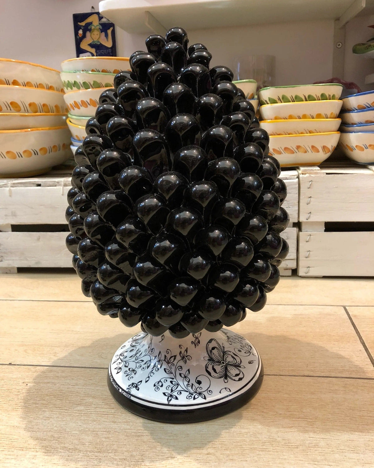 Pigna Ceramica Caltagirone cm H.30 Artigianale Nero Base Decorata DD CERAMICHE SICILIANE