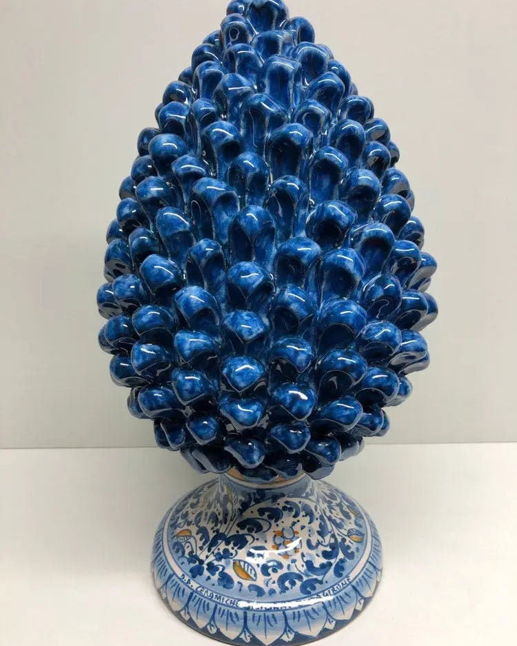 Pigna Ceramica Caltagirone cm H.35 Artigianale Blu Antico Base Decorata Fiori DD CERAMICHE SICILIANE